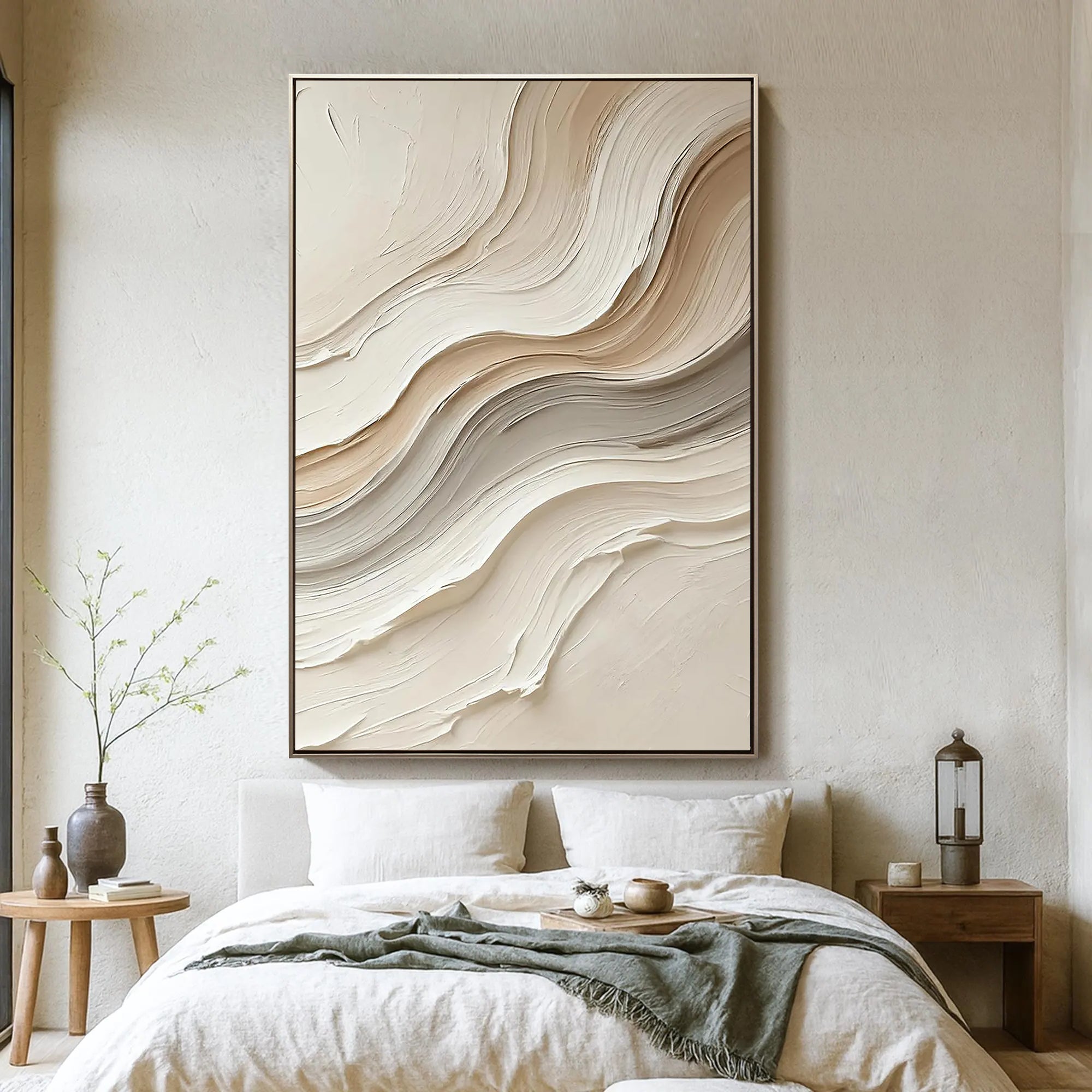 Creamy Ripple – Hand-Painted Minimalist Sand Wave Plaster Effect Relief Wabi-Sabi Painting | Japandi Organic Wabi-Sabi Living Room & Hallway Art