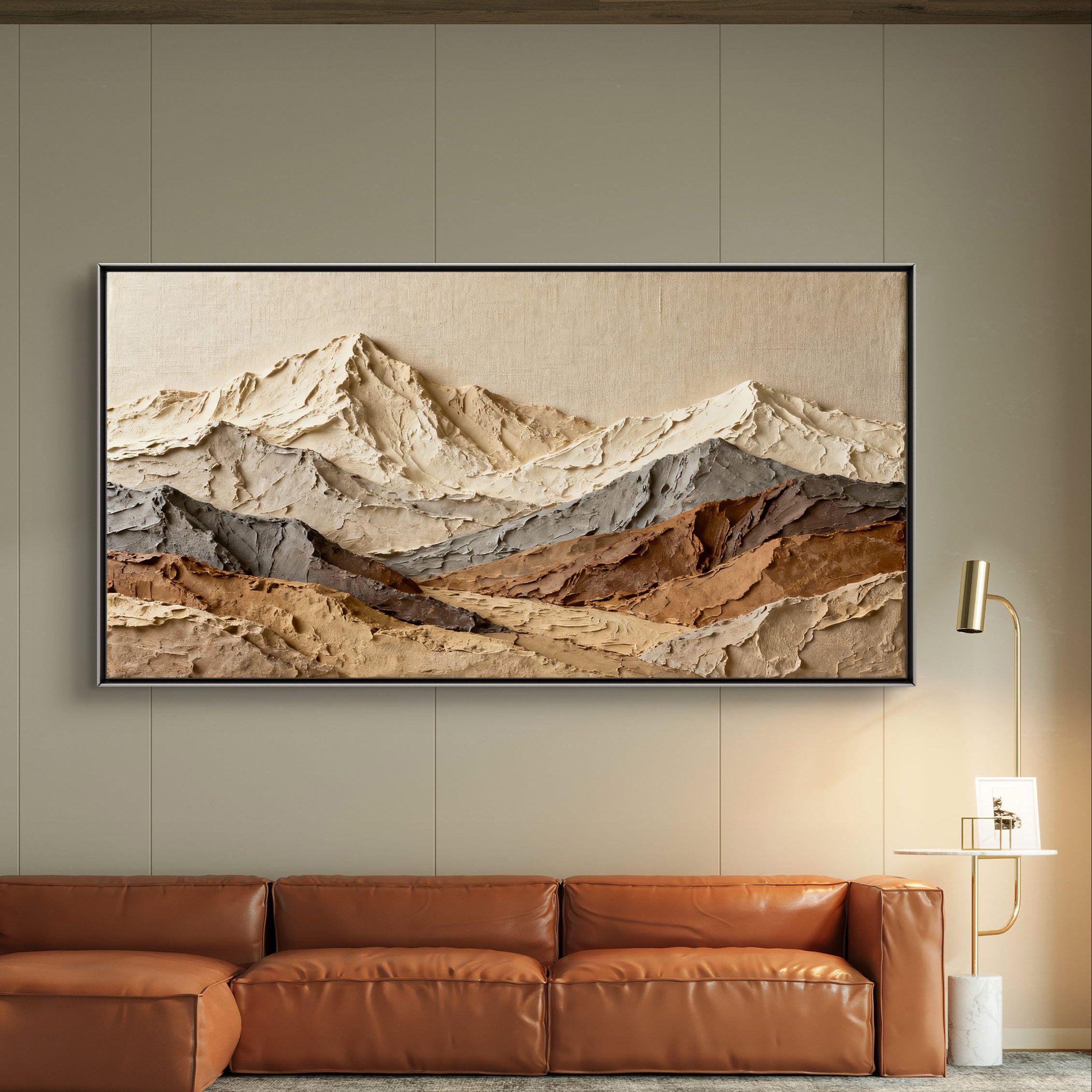 ALPINE SUMMIT: Mountains Valley Art, Hand-Painted Horizontal Oatmeal and Grey Mountain Range Plaster Relief 3D Textured Gallery Art