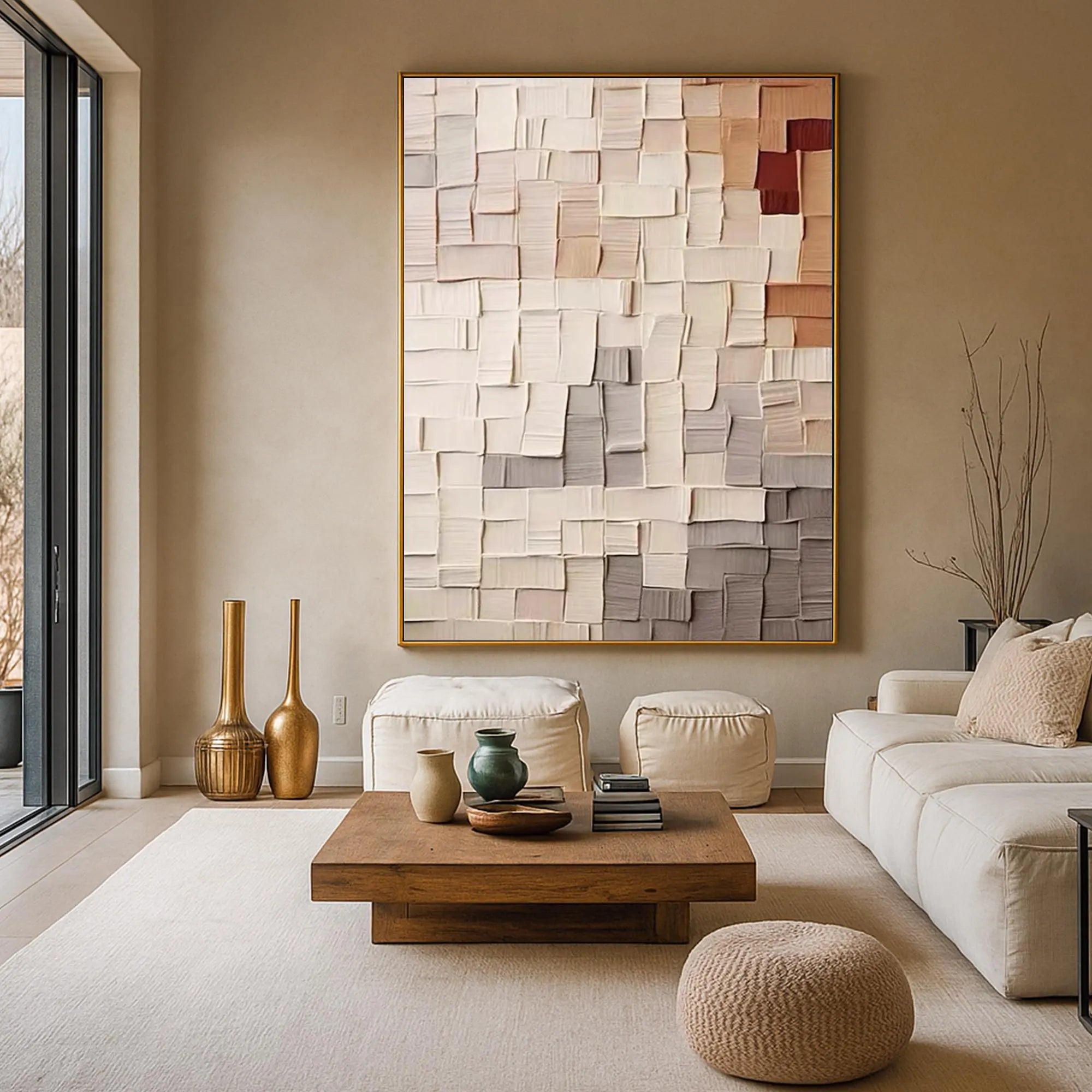 GEOMETRIC MOSAIC: Minimalist Texture Wall Art, Neutral 3D Block Palette Knife Abstract Canvas Art