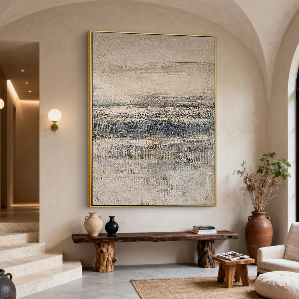 Silent Horizon – Modern Grayscale Textured Grid Relief Wabi-Sabi Painting | Japandi Wabi-Sabi Living Room & Bedroom Art