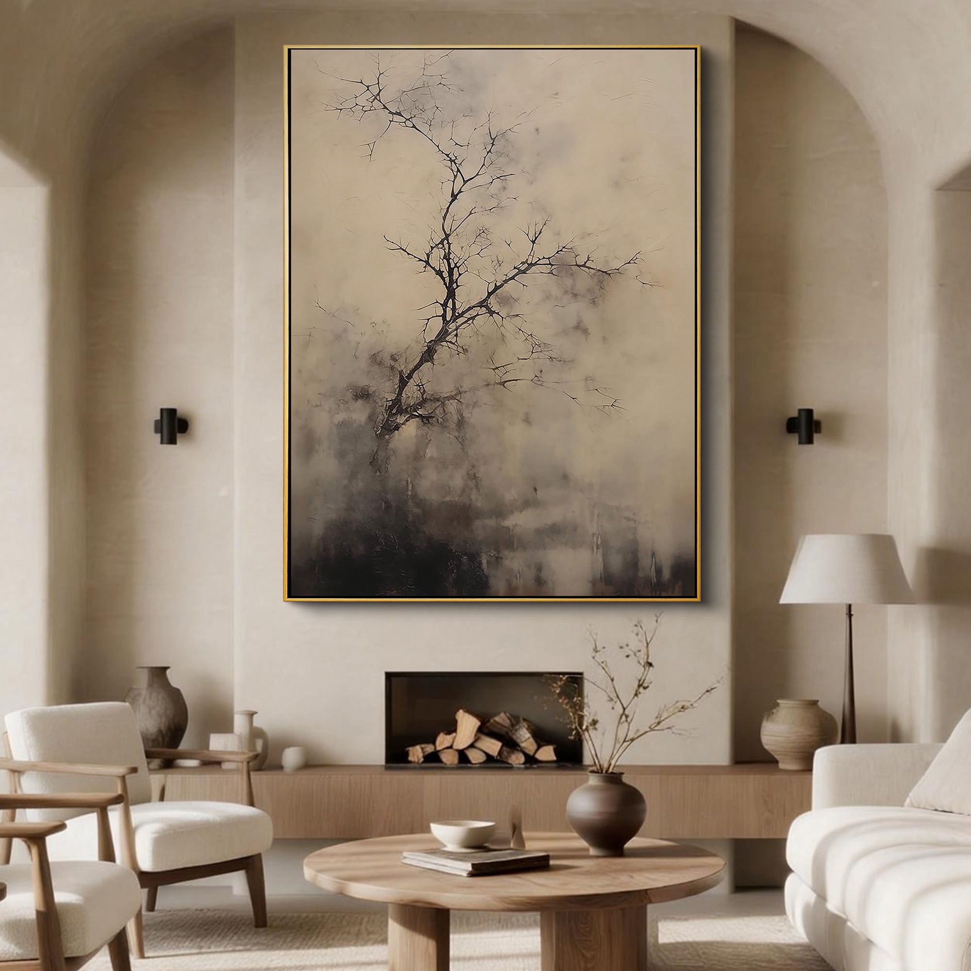 Winter Whisper – Modern Minimalist Ink-Style Relief Wabi-Sabi Painting | Japandi Wabi-Sabi Living Room & Bedroom Art