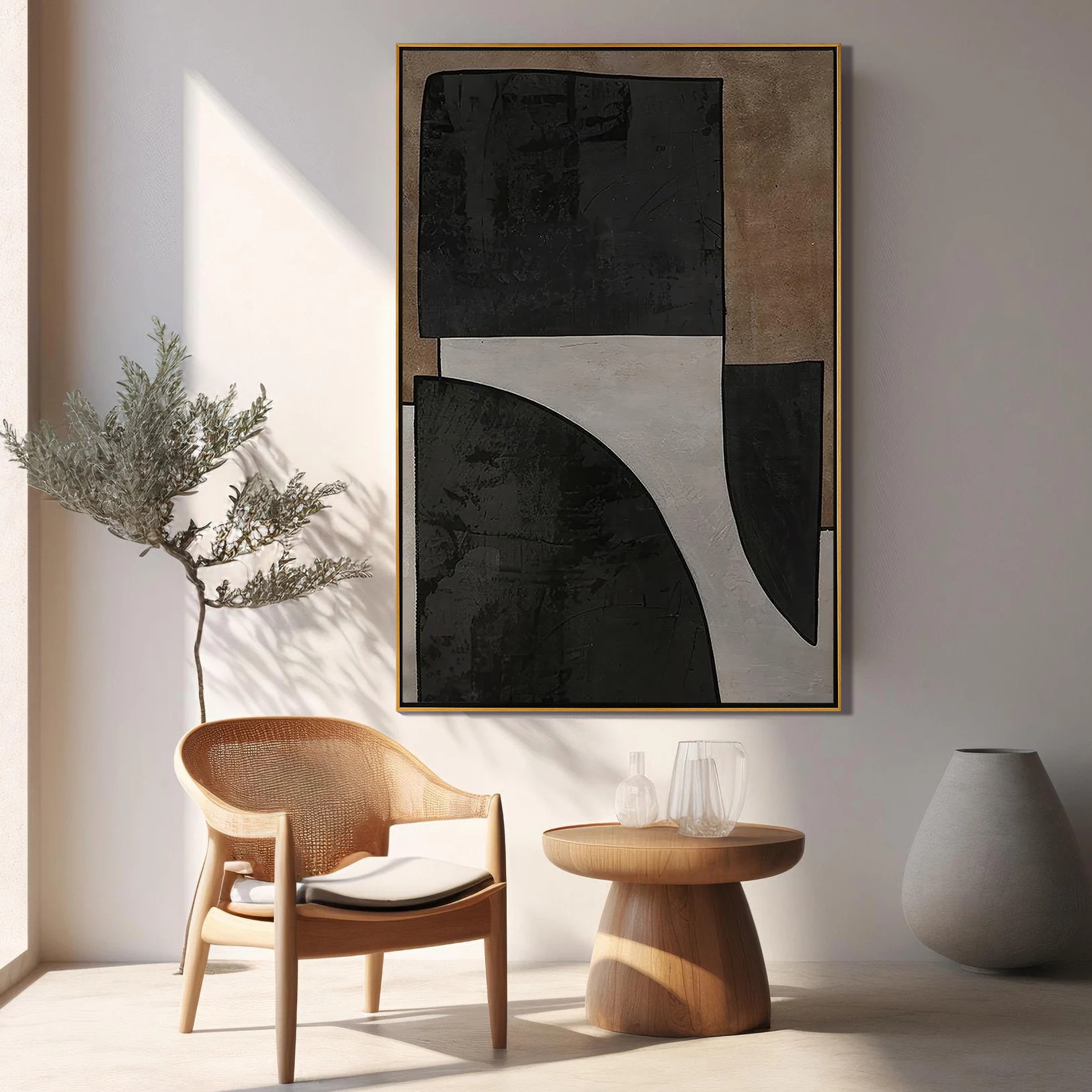 Onyx Structure – Black & Sand Minimalist Block Wabi-Sabi Painting | Japandi Organic Wabi-Sabi Living Room & Hallway Art