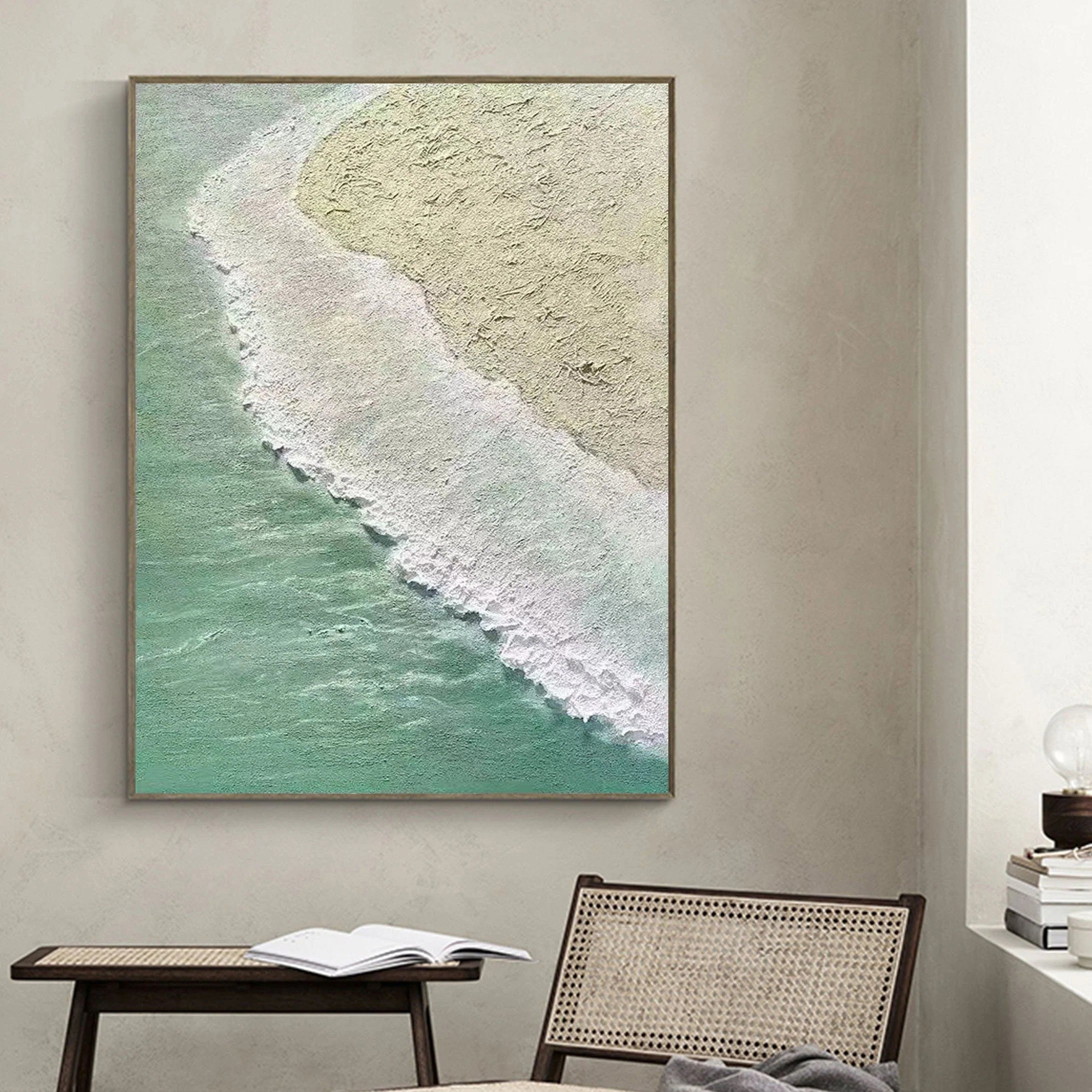 Coastal Rhythm – Hand-Painted Mint Green Sea Foam Aerial View 3D Plaster Effect Nature Painting | Contemporary Landscape Living Room & Dining Room Art