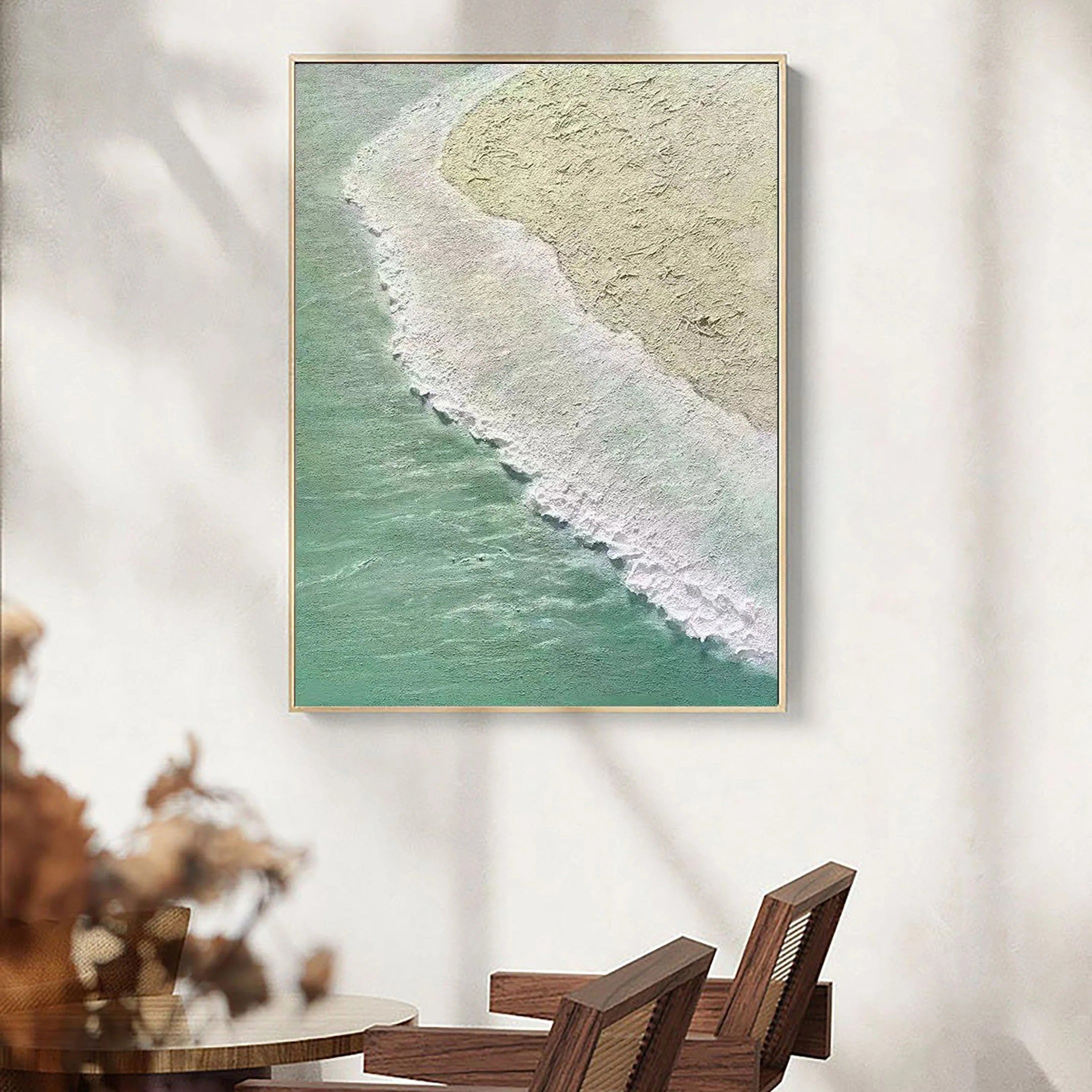 Coastal Rhythm – Hand-Painted Mint Green Sea Foam Aerial View 3D Plaster Effect Nature Painting | Contemporary Landscape Living Room & Dining Room Art