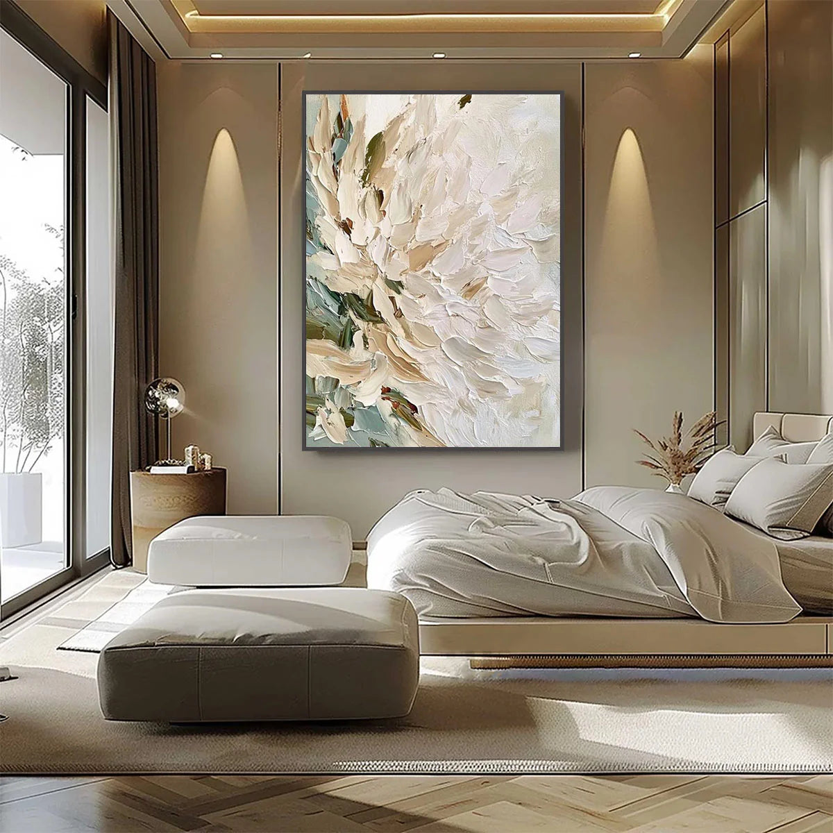 Petal Layers – Hand-Painted Creamy White and Beige 3D Floral Painting | Soft Organic Botanical Bedroom & Living Room Art