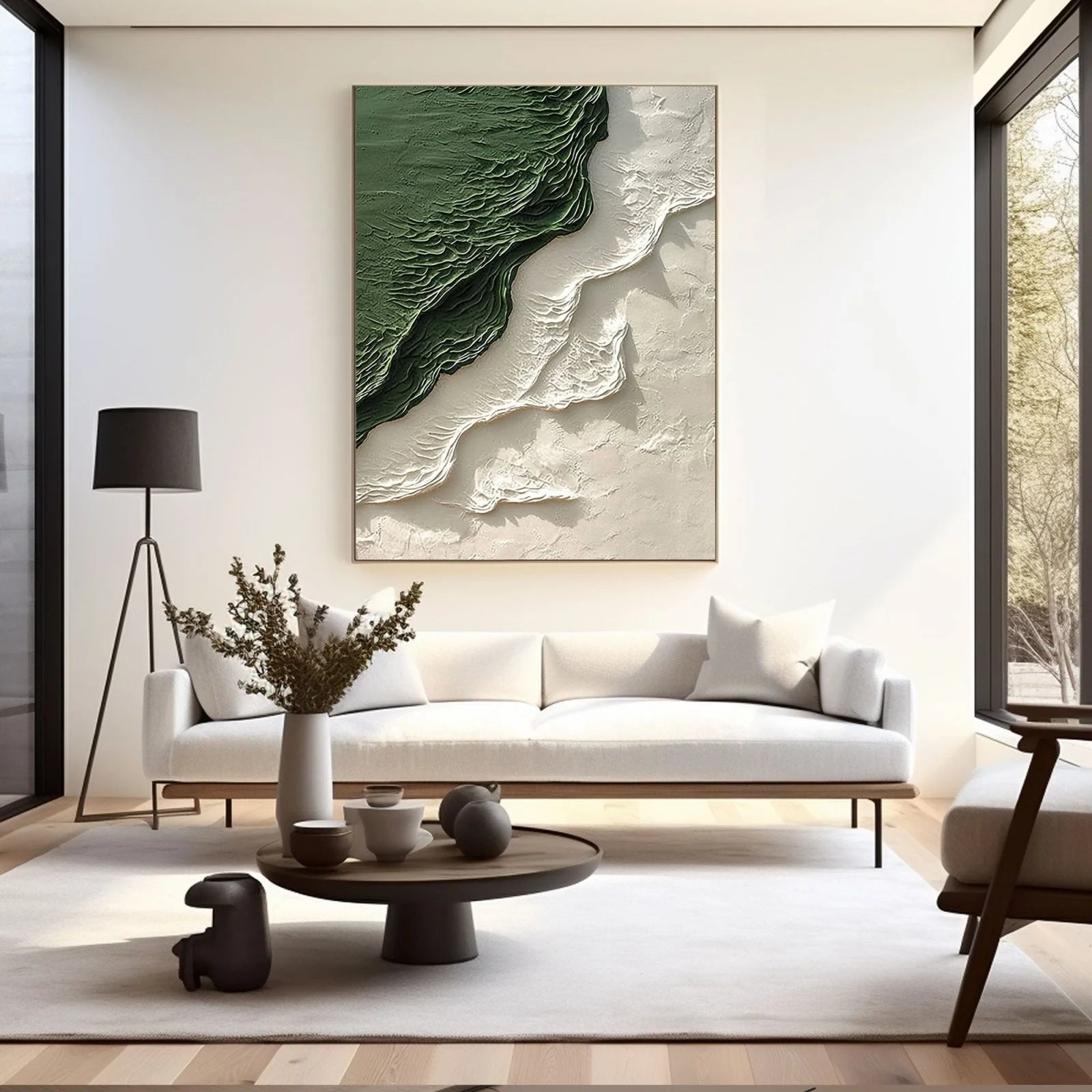 Emerald Rift – Hand-Painted Forest Green and Cream 3D Relief Texture Painting | Contemporary Landscape Living Room & Dining Room Art