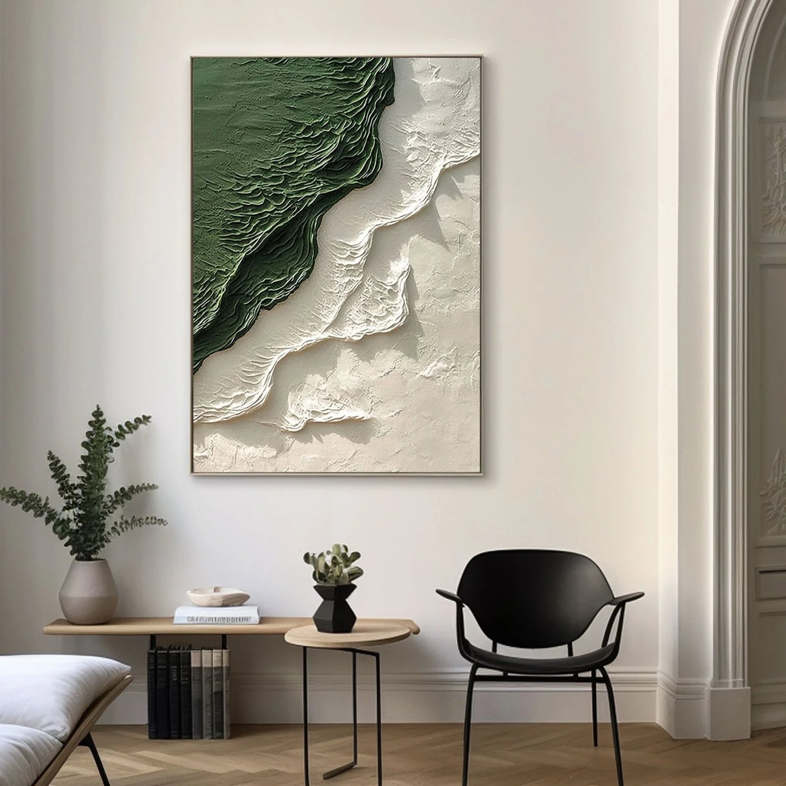 Emerald Rift – Hand-Painted Forest Green and Cream 3D Relief Texture Painting | Contemporary Landscape Living Room & Dining Room Art