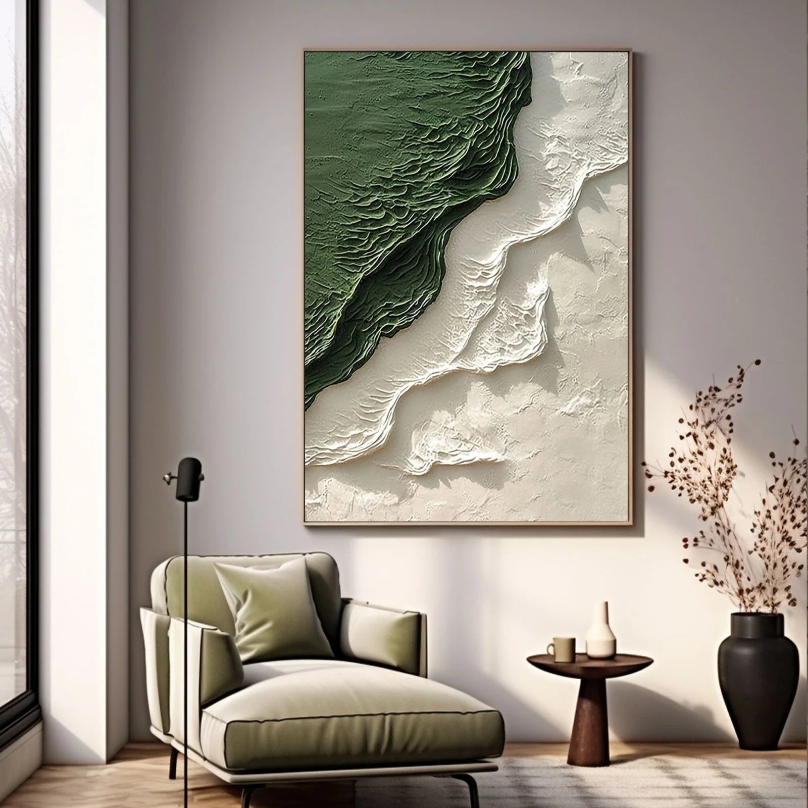 Emerald Rift – Hand-Painted Forest Green and Cream 3D Relief Texture Painting | Contemporary Landscape Living Room & Dining Room Art