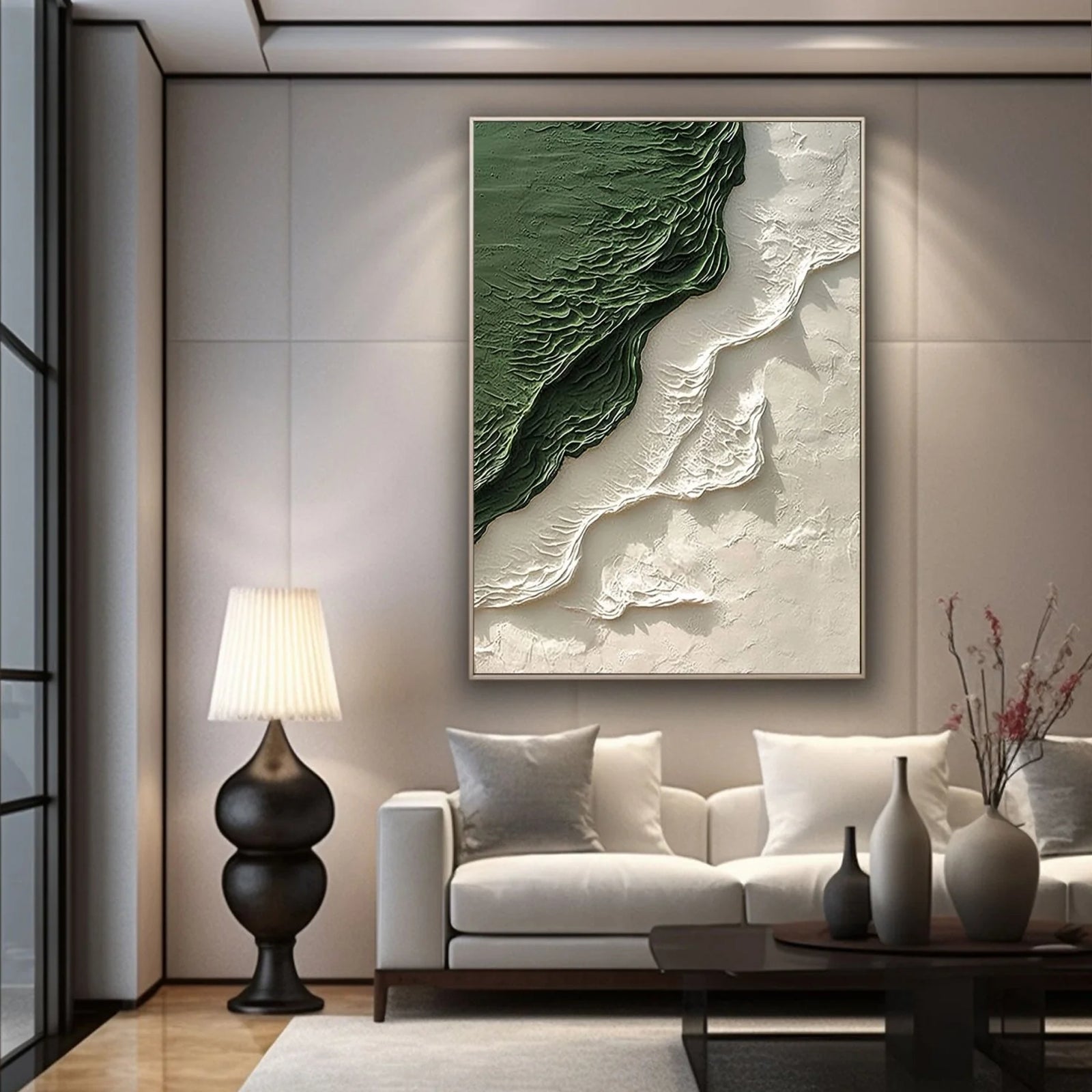 Emerald Rift – Hand-Painted Forest Green and Cream 3D Relief Texture Painting | Contemporary Landscape Living Room & Dining Room Art