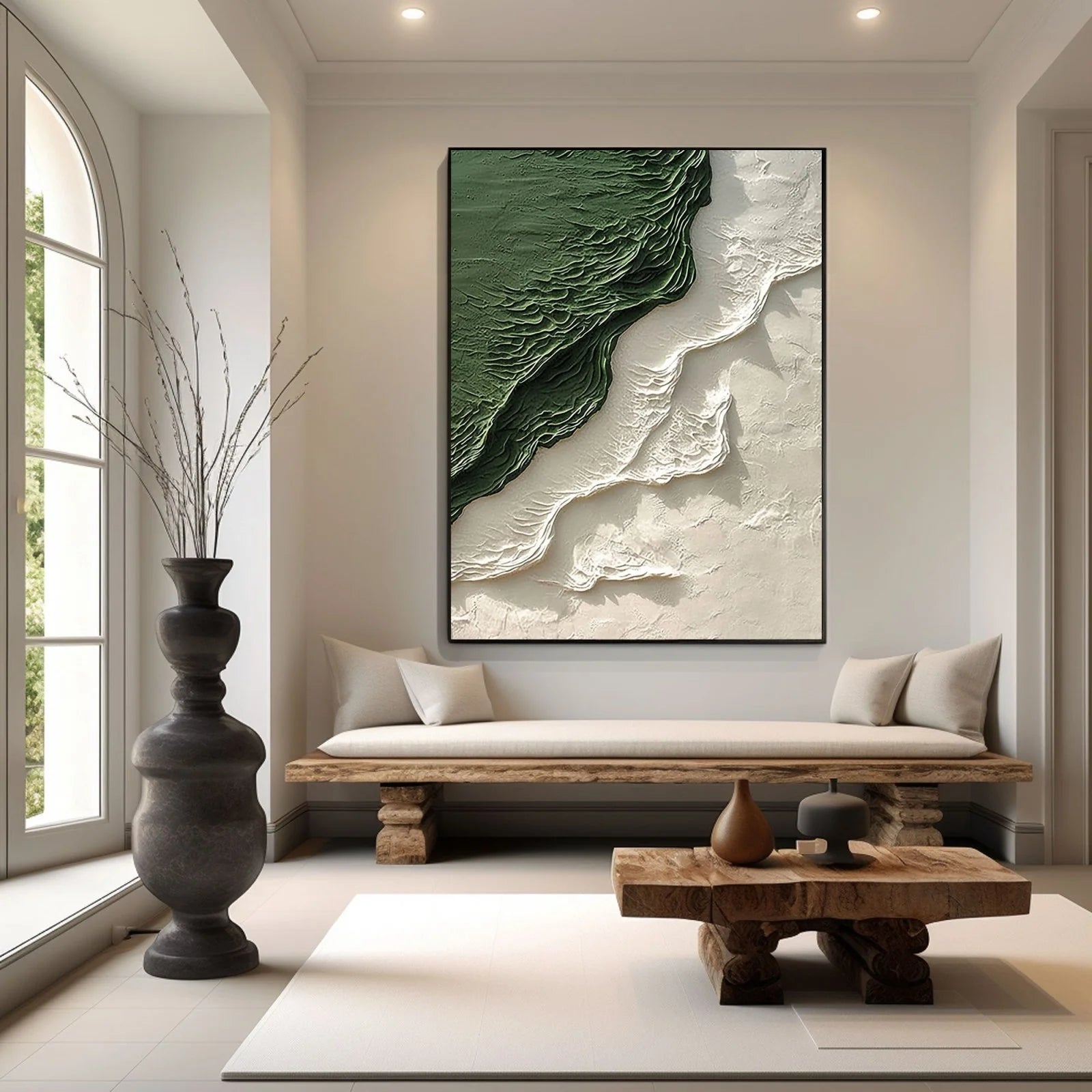 Emerald Rift – Hand-Painted Forest Green and Cream 3D Relief Texture Painting | Contemporary Landscape Living Room & Dining Room Art