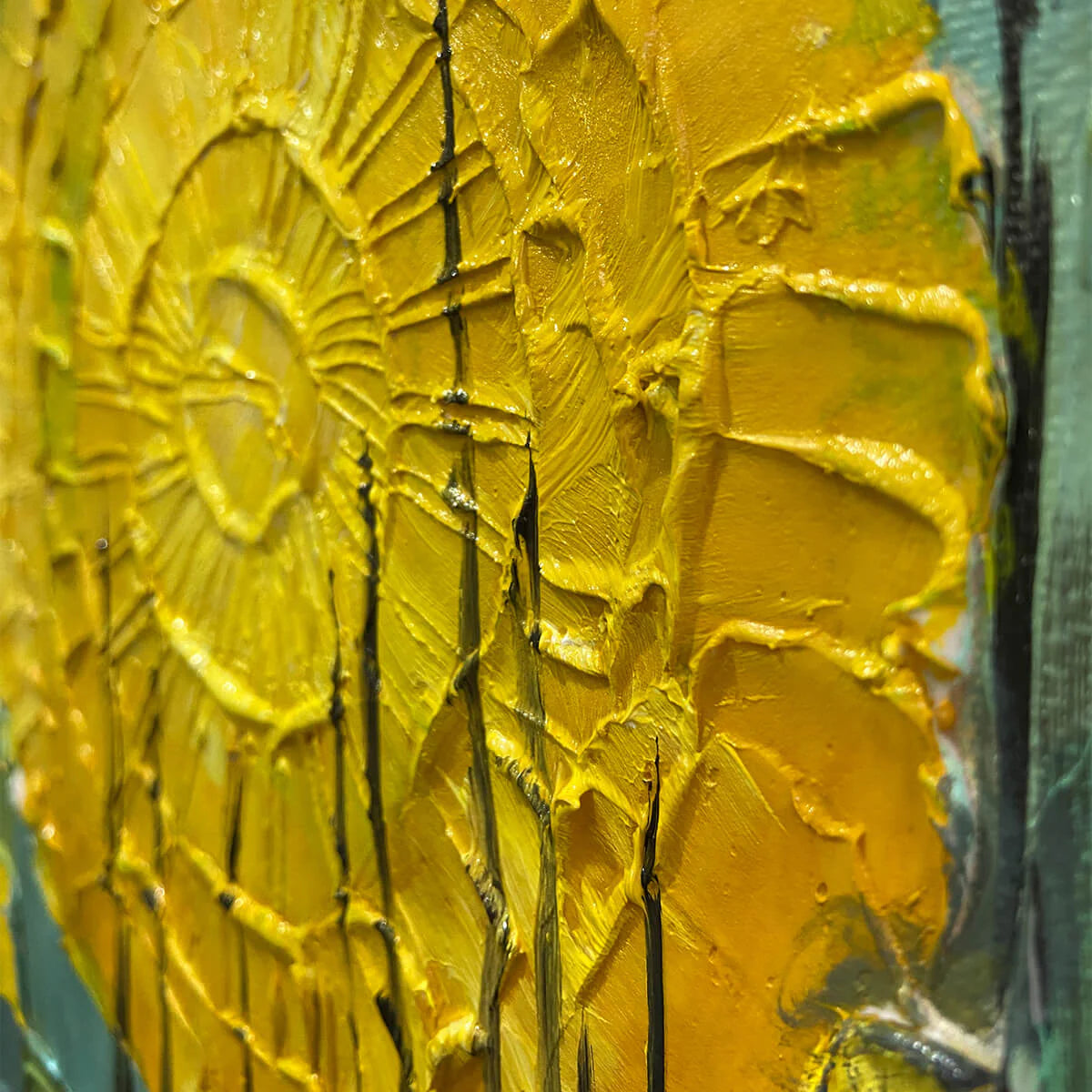 Dawn Illusion – Modern Abstract Teal and Yellow Impasto Sunrise | Healing Bedroom Wall Art