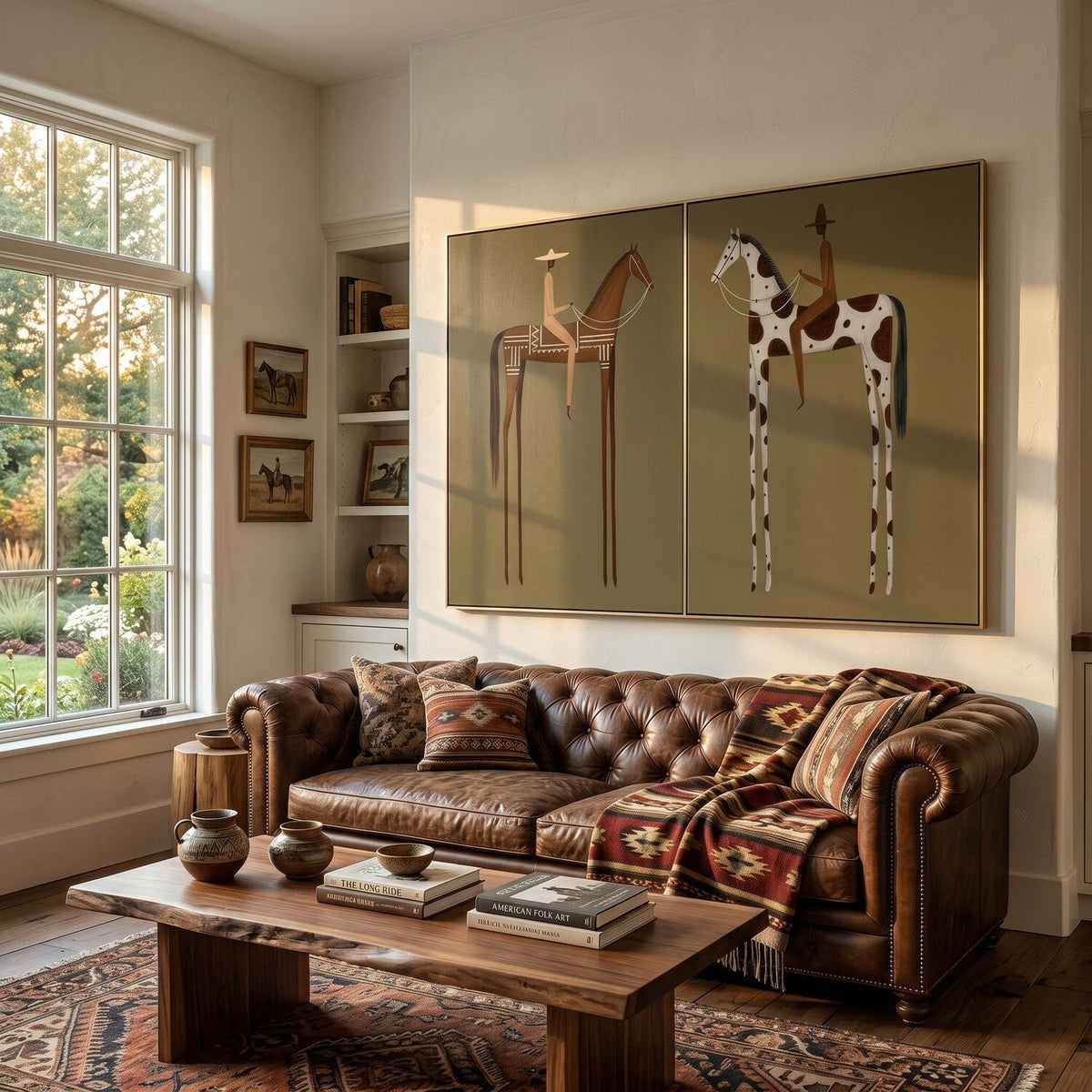 Spotted Trails Together – Brown Pinto Horse Rider Diptych | Modern Western Vertical Wall Art