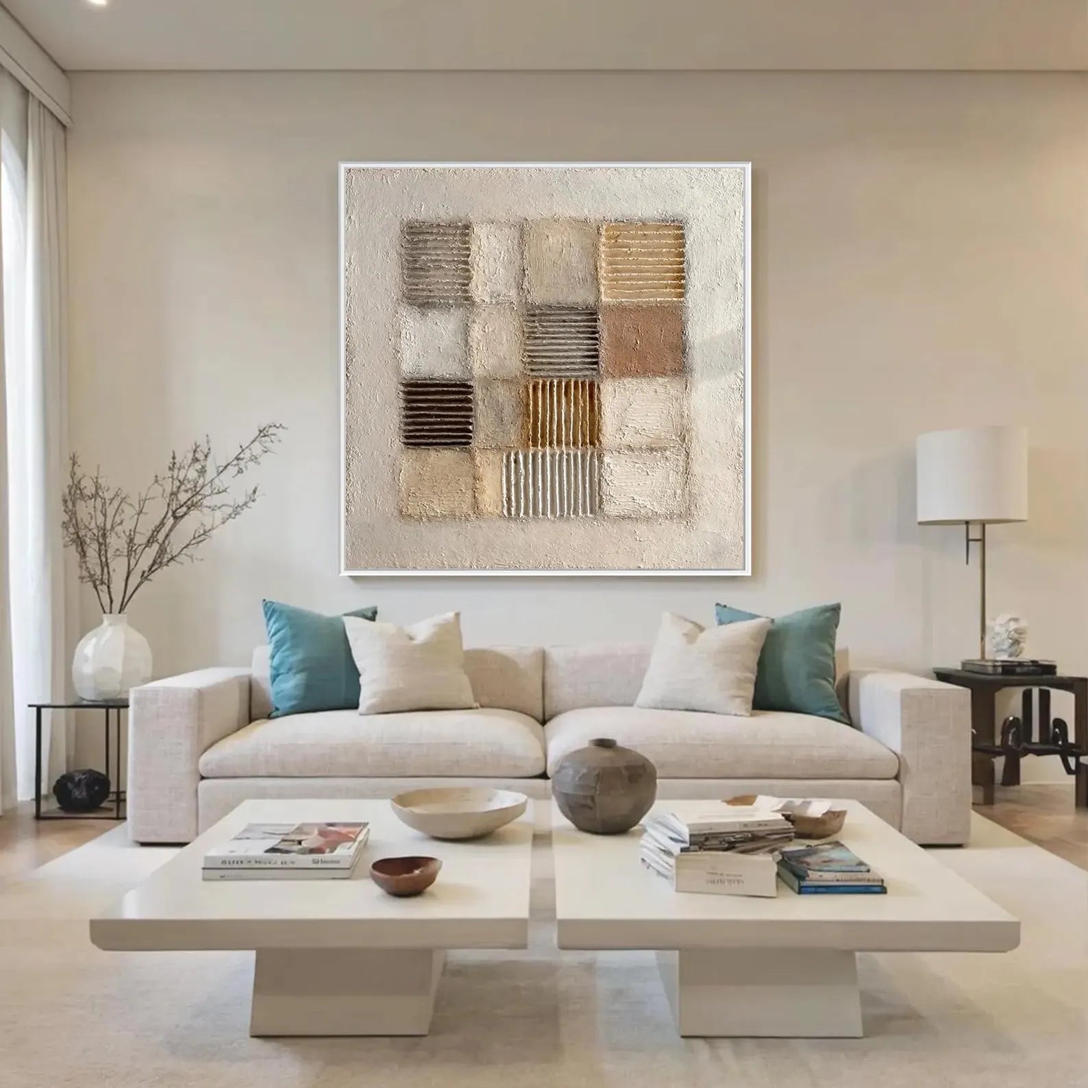 SAND GRID: Modern Square 3D Heavy Texture Wabi-Sabi Wall Art, Neutral Plaster Relief Mosaic
