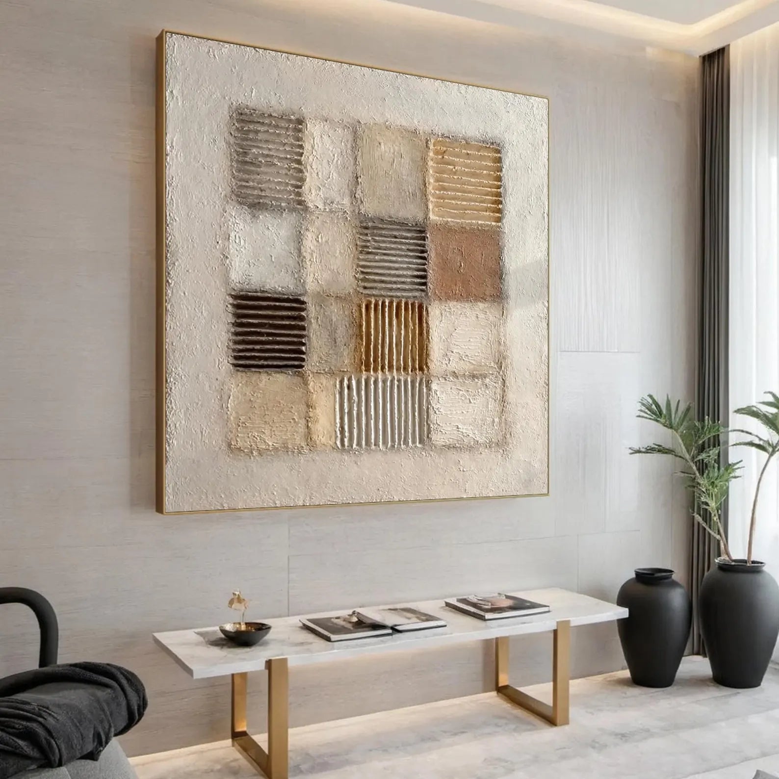 SAND GRID: Modern Square 3D Heavy Texture Wabi-Sabi Wall Art, Neutral Plaster Relief Mosaic