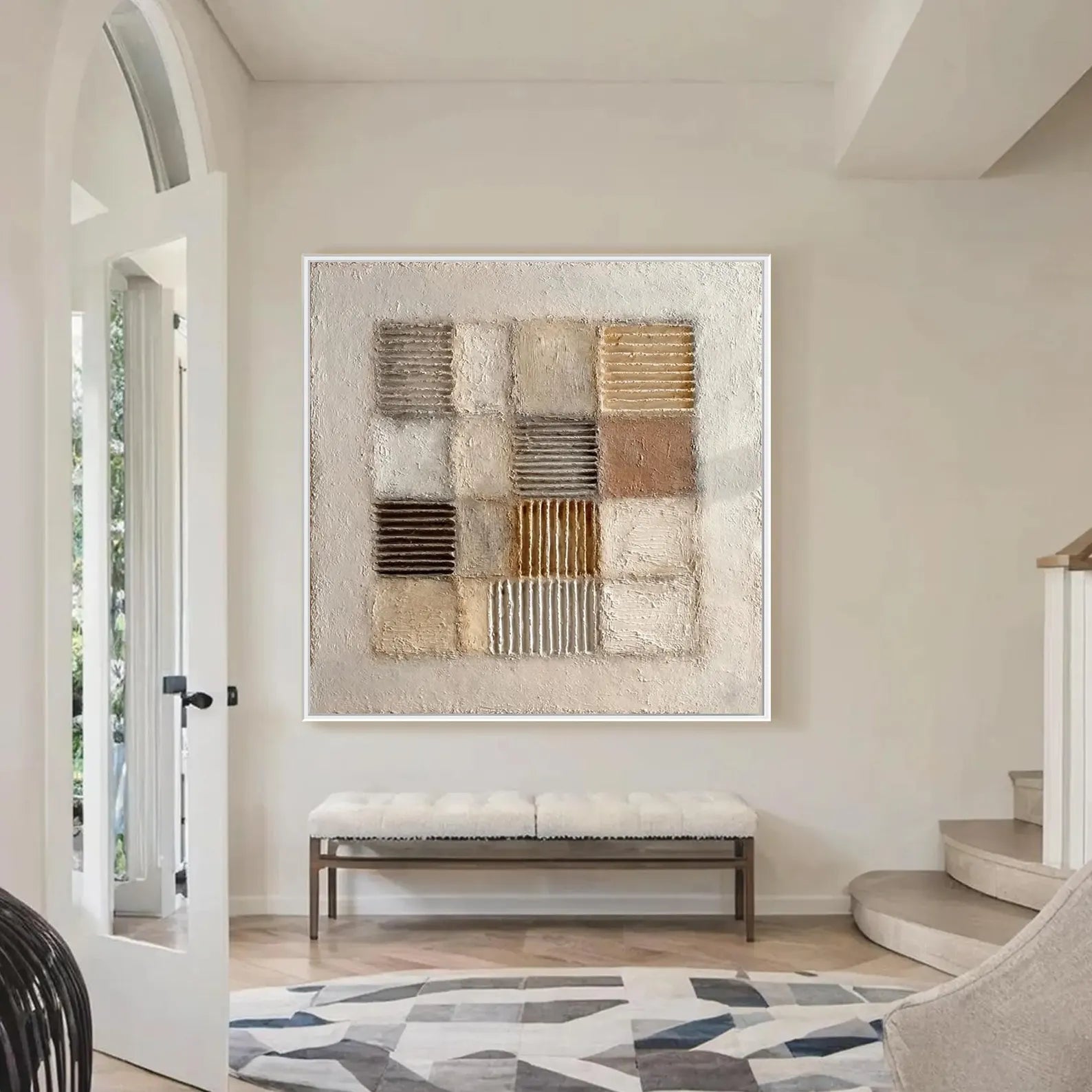 SAND GRID: Modern Square 3D Heavy Texture Wabi-Sabi Wall Art, Neutral Plaster Relief Mosaic