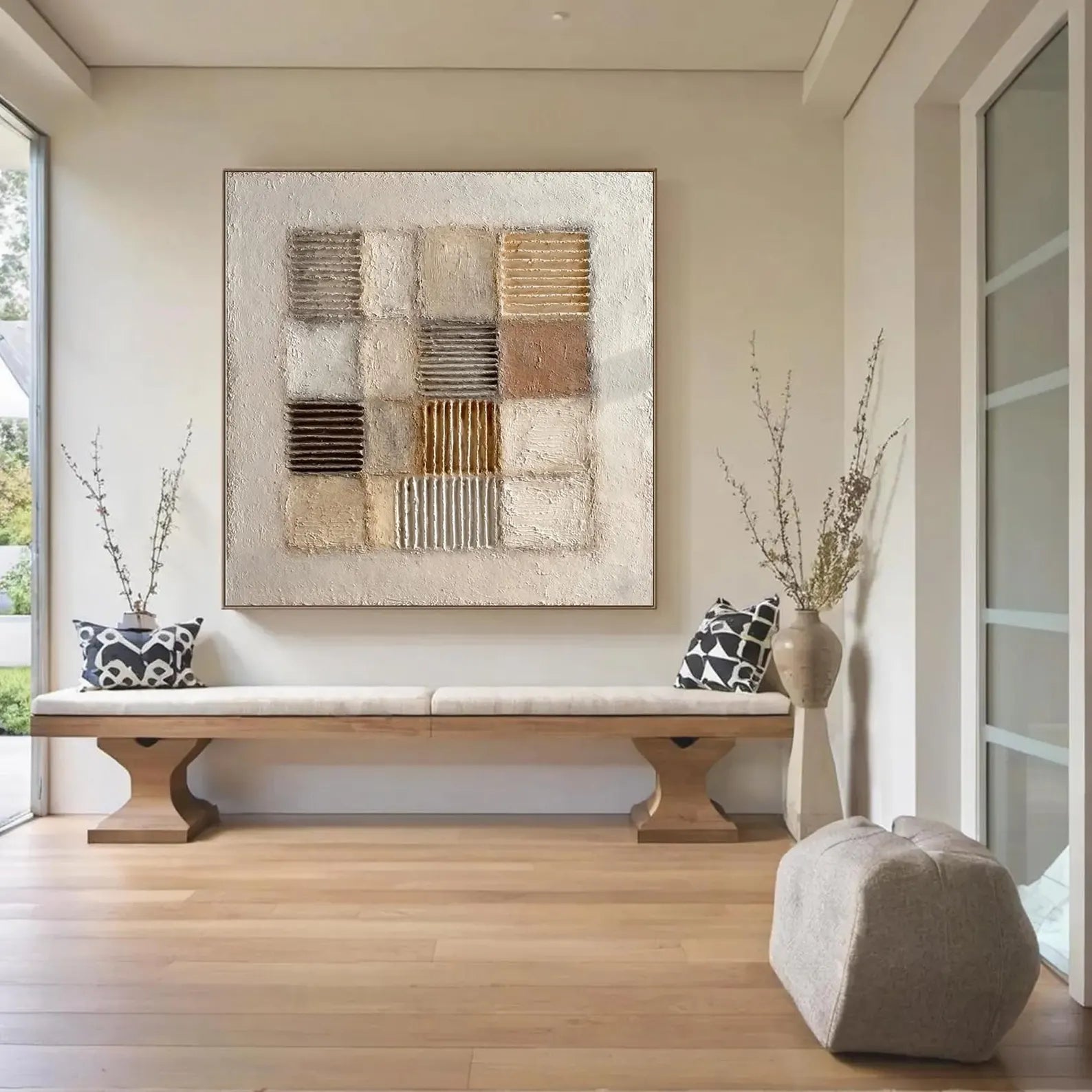 SAND GRID: Modern Square 3D Heavy Texture Wabi-Sabi Wall Art, Neutral Plaster Relief Mosaic