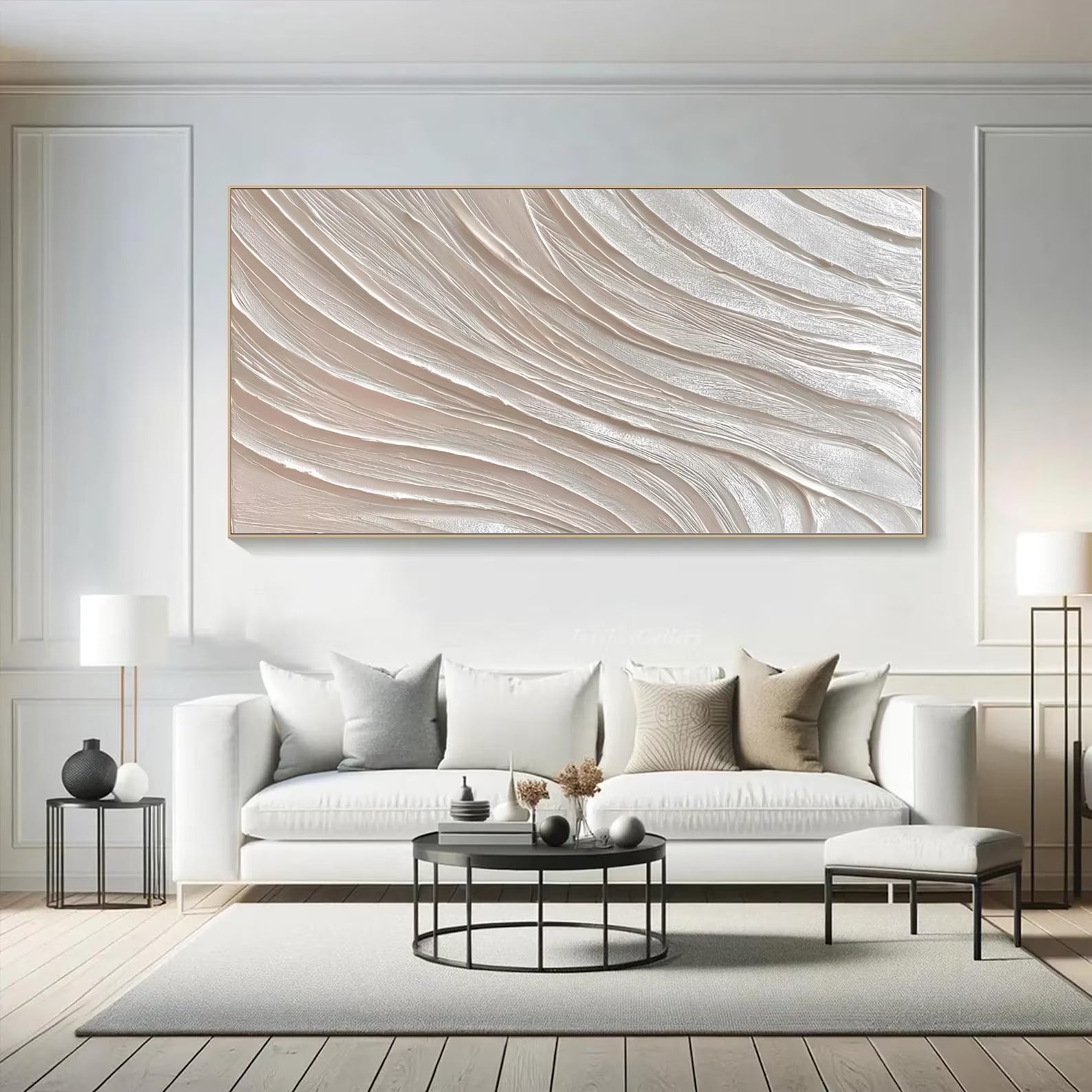 SILENT RHYTHM: Panoramic 3D Plaster Texture Wall Art, Modern Minimalist White Wave Relief