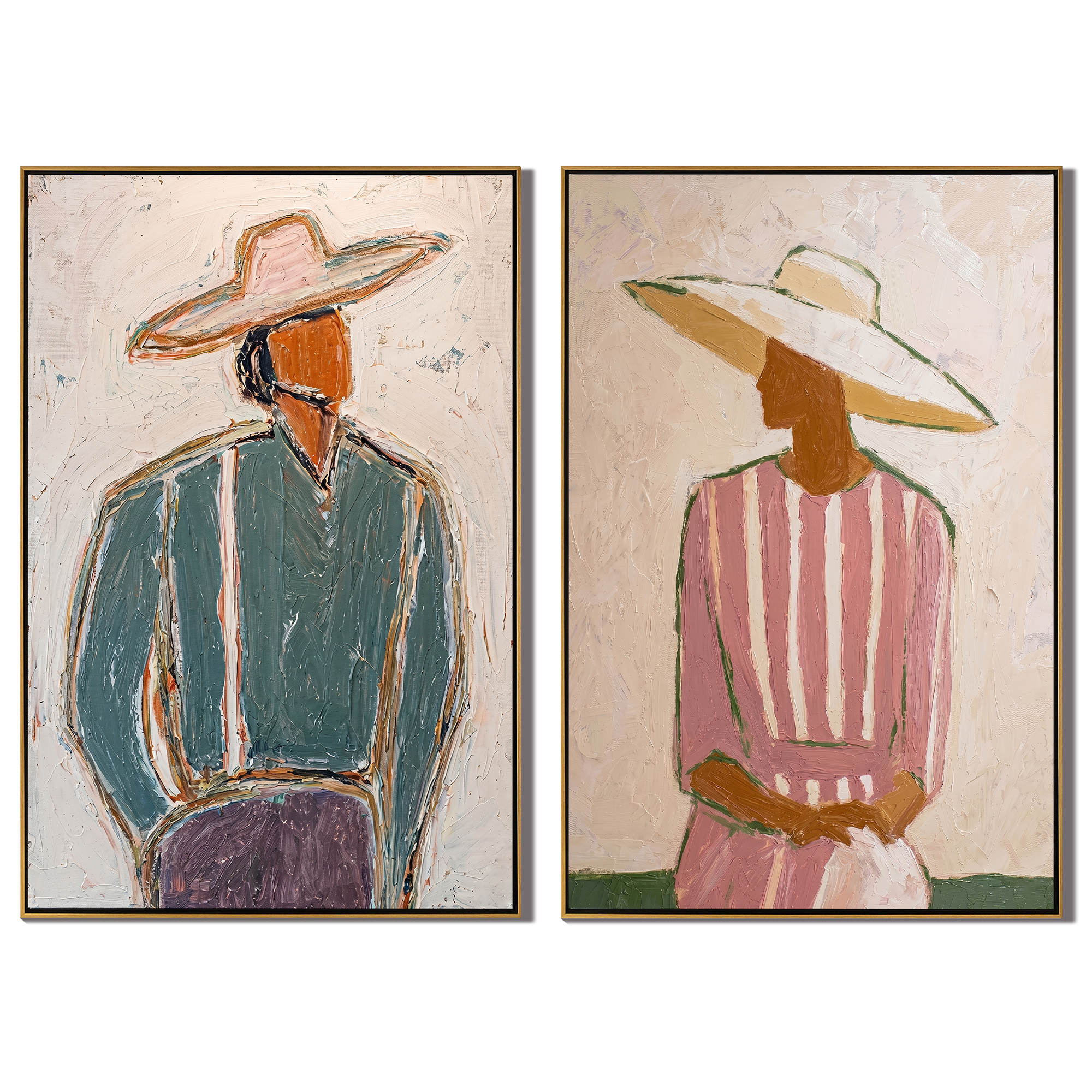 The Garden Party Diptych – Vintage Americana Folk Couple Two-Panel Painting | Pastel Living Room Art