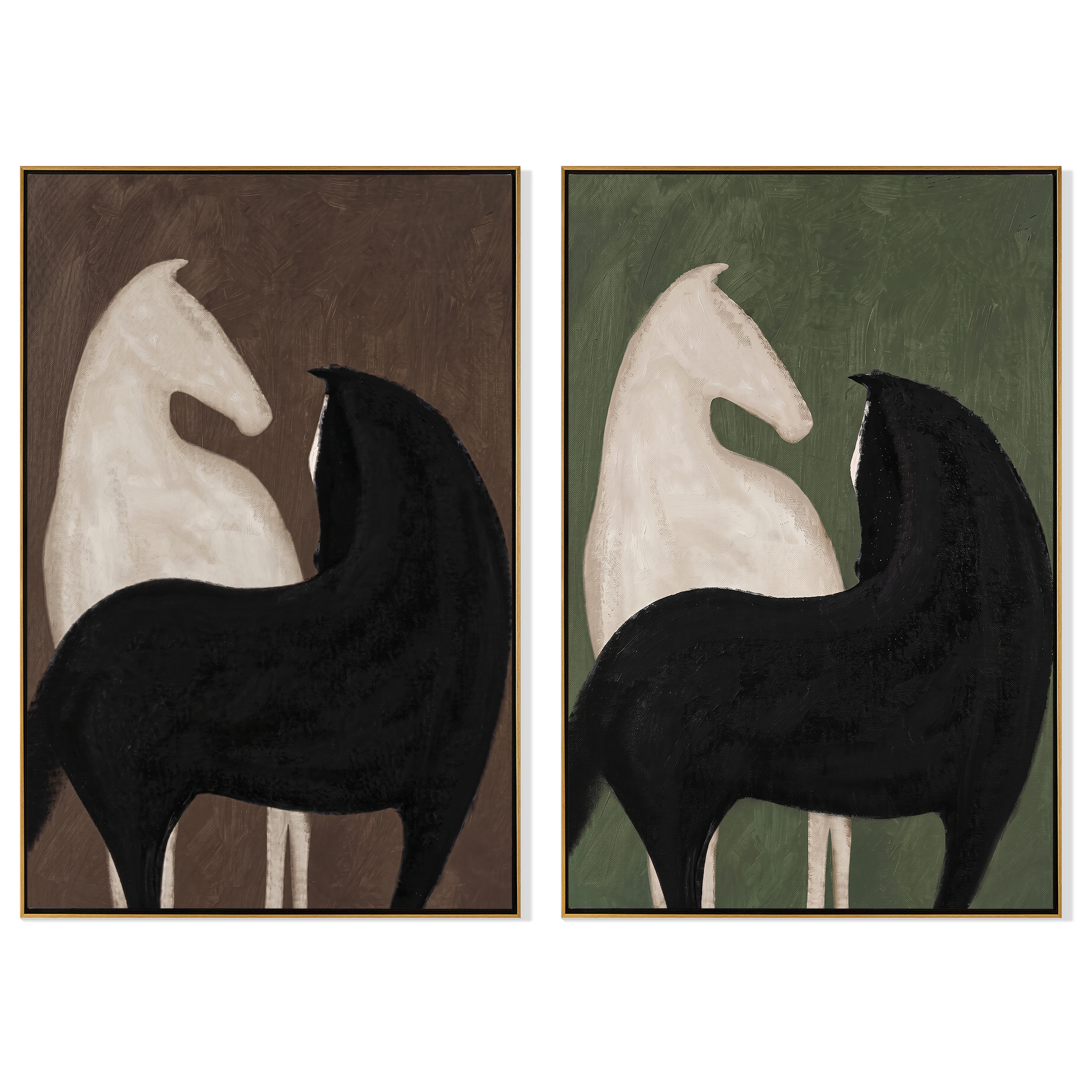 Duality Diptych – Vintage Americana Black & White Horse Two-Panel Painting | Contemporary Modern Living Room Art
