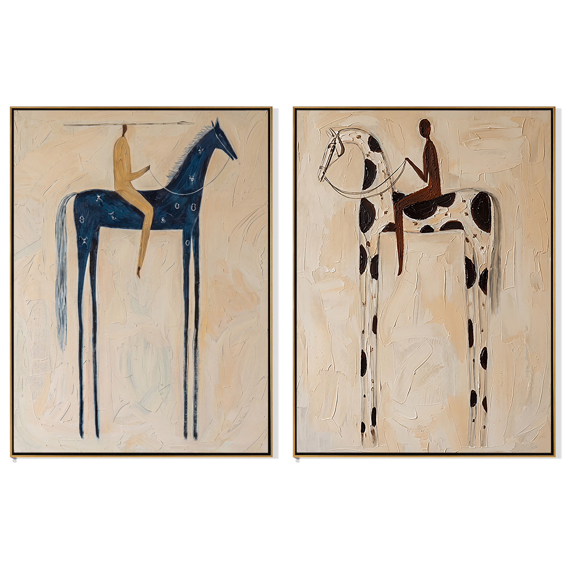 Blue & Spot Diptych – Vintage Americana Two Folk Riders Two-Panel Painting | Wabi-Sabi Living Room Art