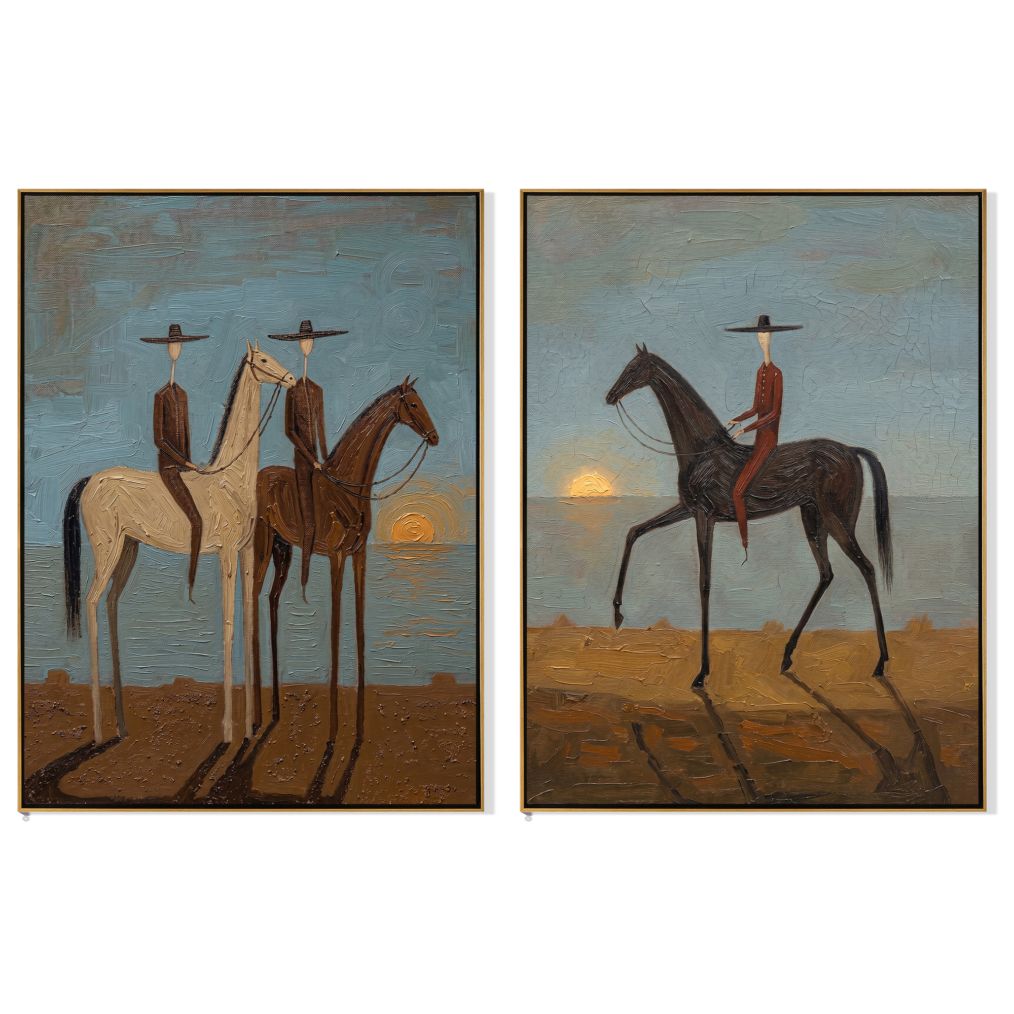 Dusk Riders Diptych – Vintage Americana Cowboys at Sunset Two-Panel Painting | Atmospheric Western Living Room Art