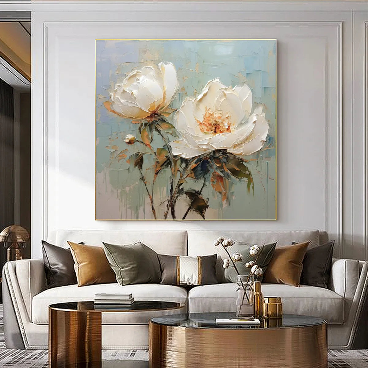 Ivory Duo – Modern Floral Palette Knife Texture Painting | Soft Organic Botanical Bedroom & Living Room Art