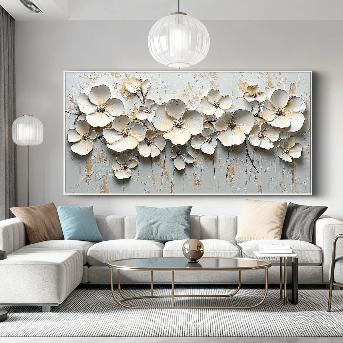 Golden Radiance – Modern Luxury White and Gold Floral Painting | Heavy Textured Living Room Art