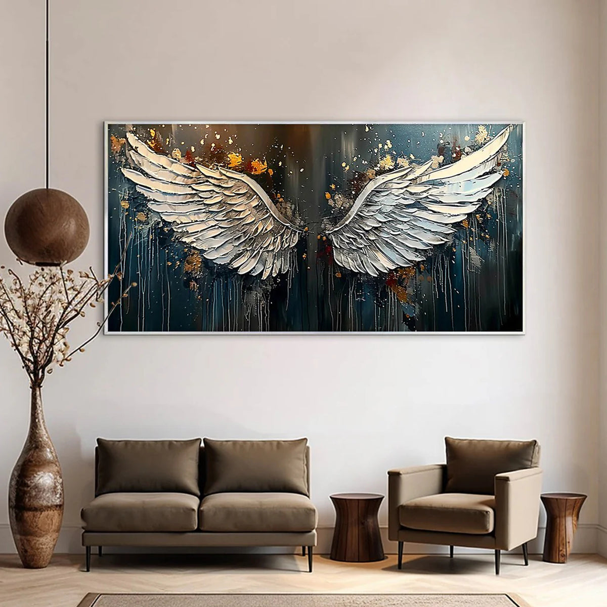 Awakening Wings – Heavy Impasto Angel Wings painting | Modern Luxury Dark Gold Leaf Living Room Art