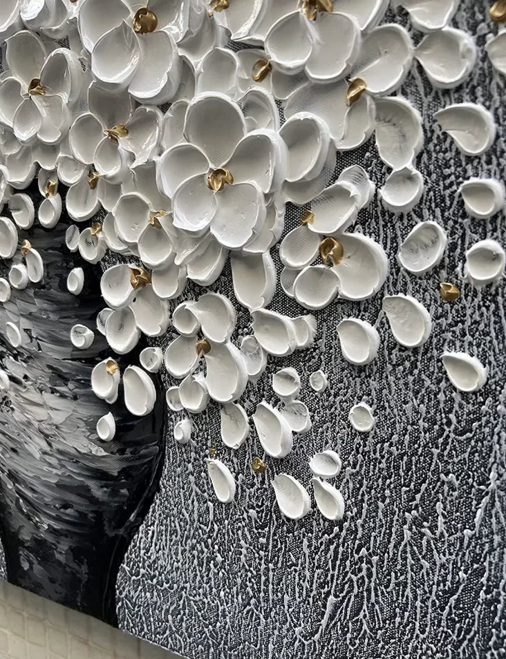 STELLAR BLOOM: Modern Square 3D Heavy Texture Floral Wall Art, White Petal Relief on Silver Plaster