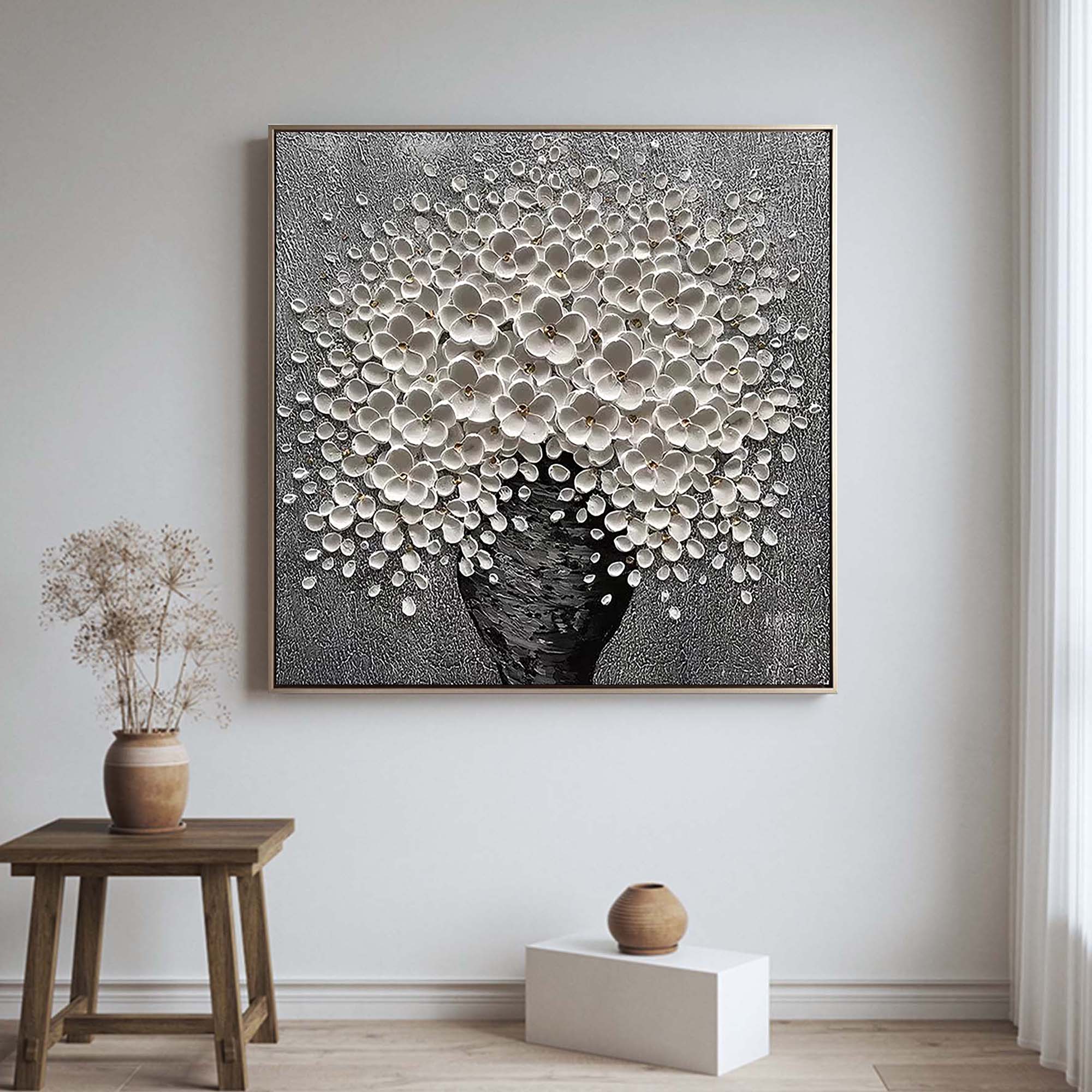 STELLAR BLOOM: Modern Square 3D Heavy Texture Floral Wall Art, White Petal Relief on Silver Plaster