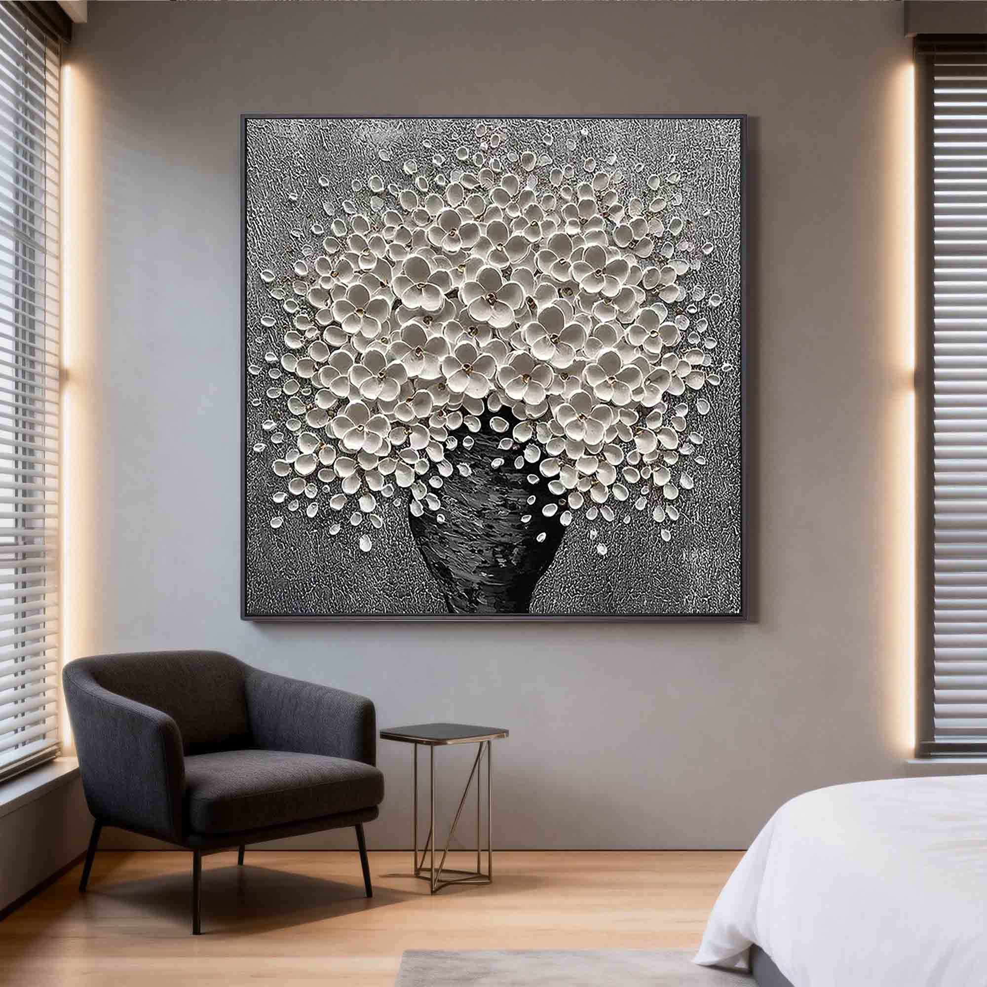 STELLAR BLOOM: Modern Square 3D Heavy Texture Floral Wall Art, White Petal Relief on Silver Plaster