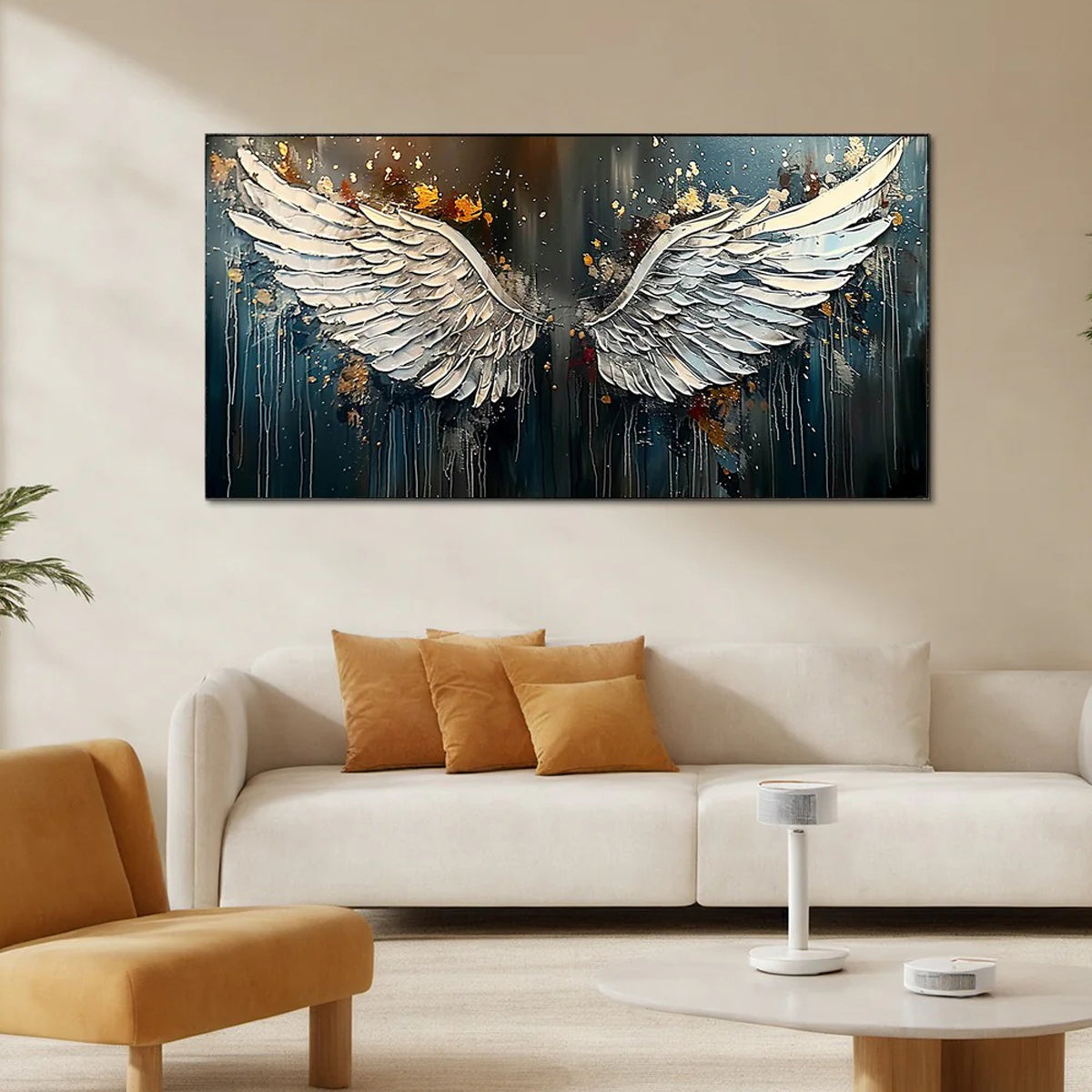 Awakening Wings – Heavy Impasto Angel Wings painting | Modern Luxury Dark Gold Leaf Living Room Art