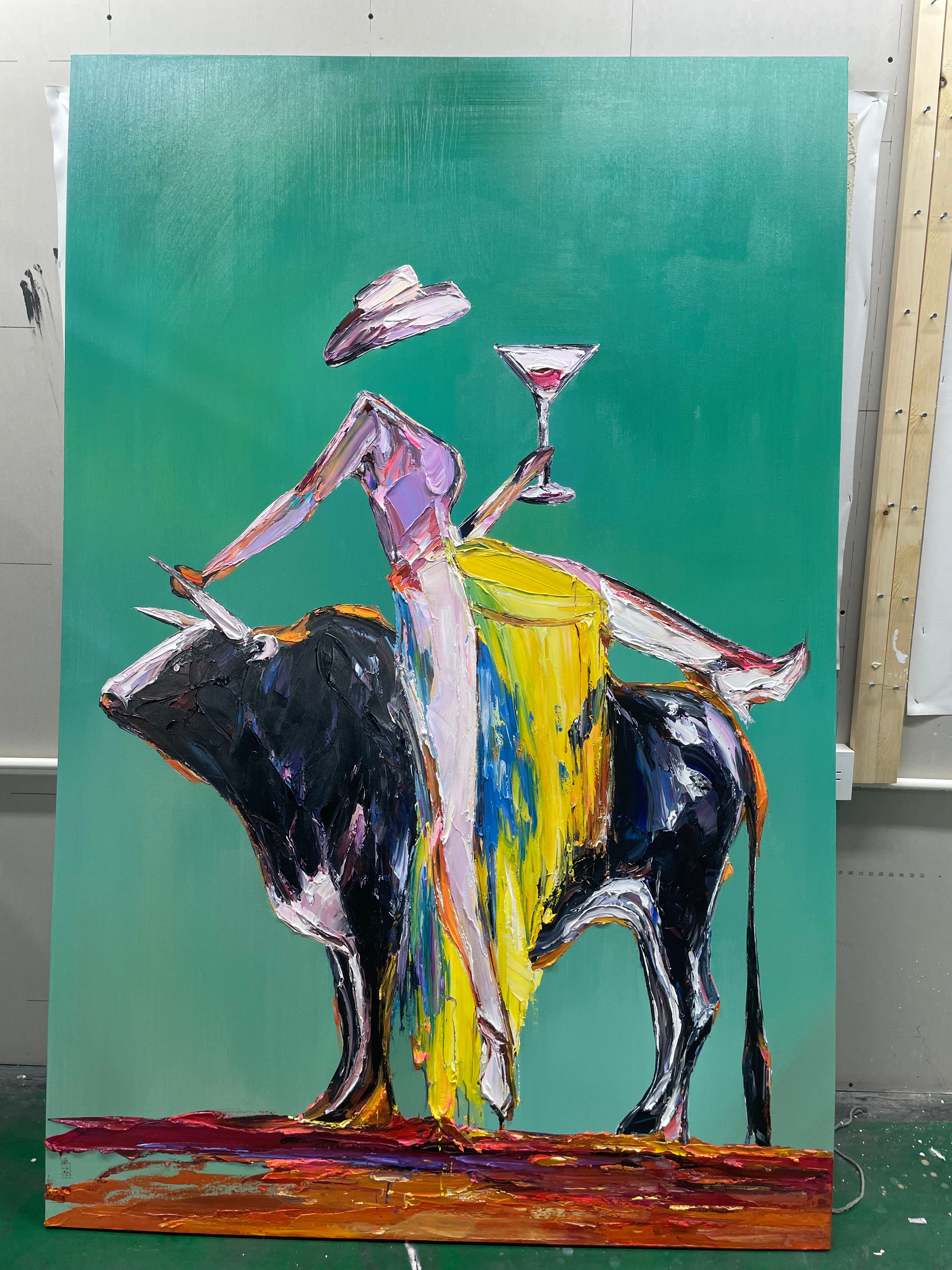 The Rodeo Toast – Vintage Americana Abstract Cowgirl & Bull Painting | Bold Western Living Room Wall Art