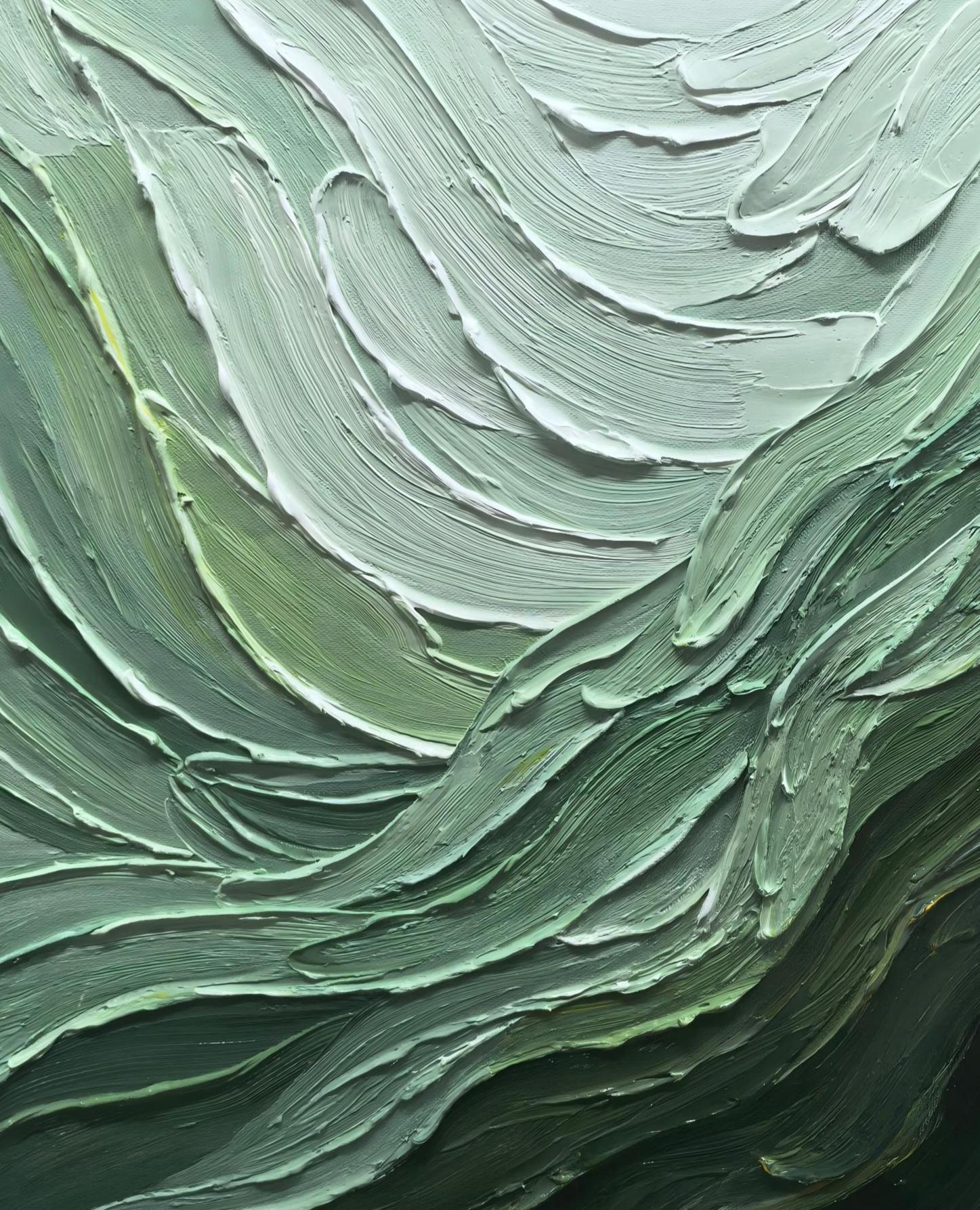 Verdant Flow – Hand-Painted Sage Green and Olive Wave Palette Knife Texture Painting | Modern Abstract Living Room & Office Art