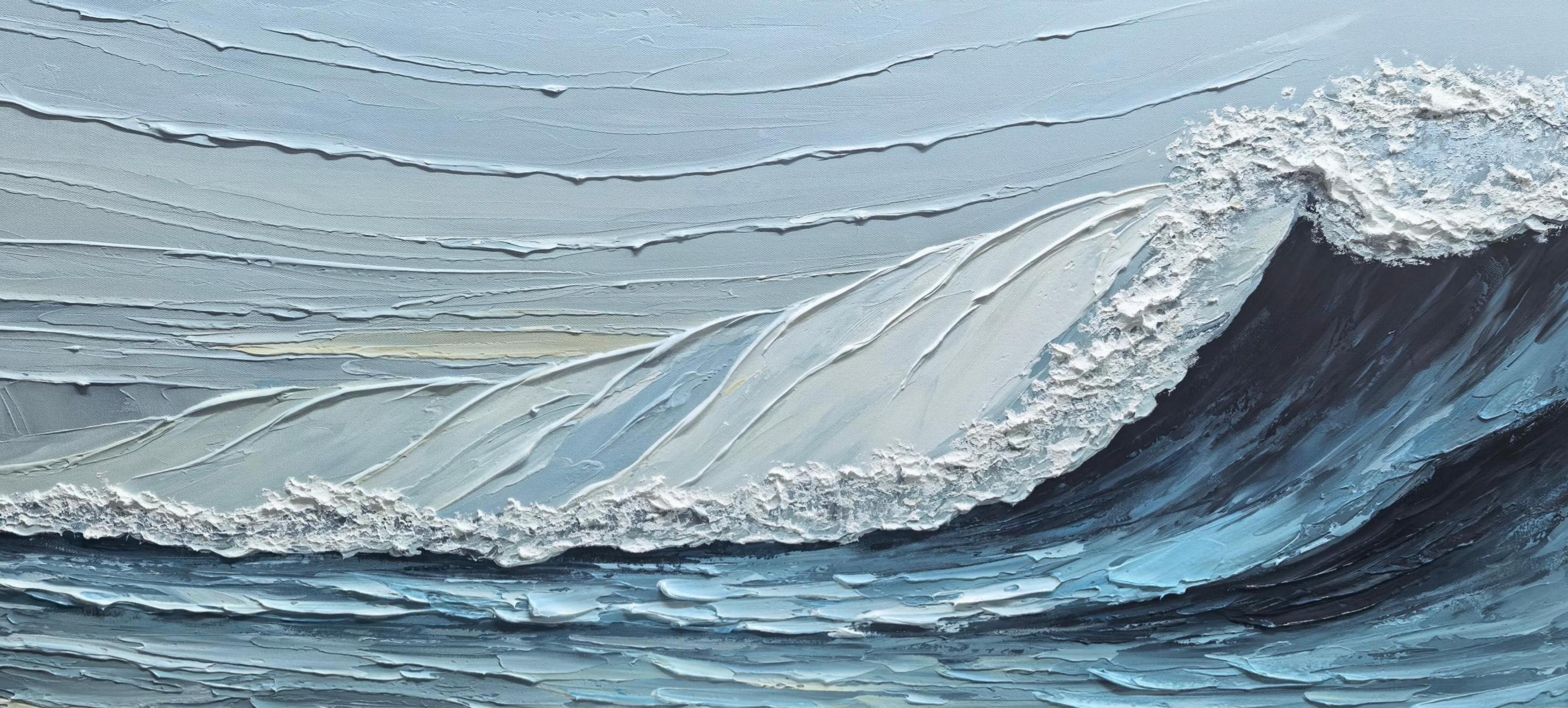 Azure Crest – Modern Plaster Ocean Relief Texture Painting | Coastal Modern Living Room & Bedroom Art
