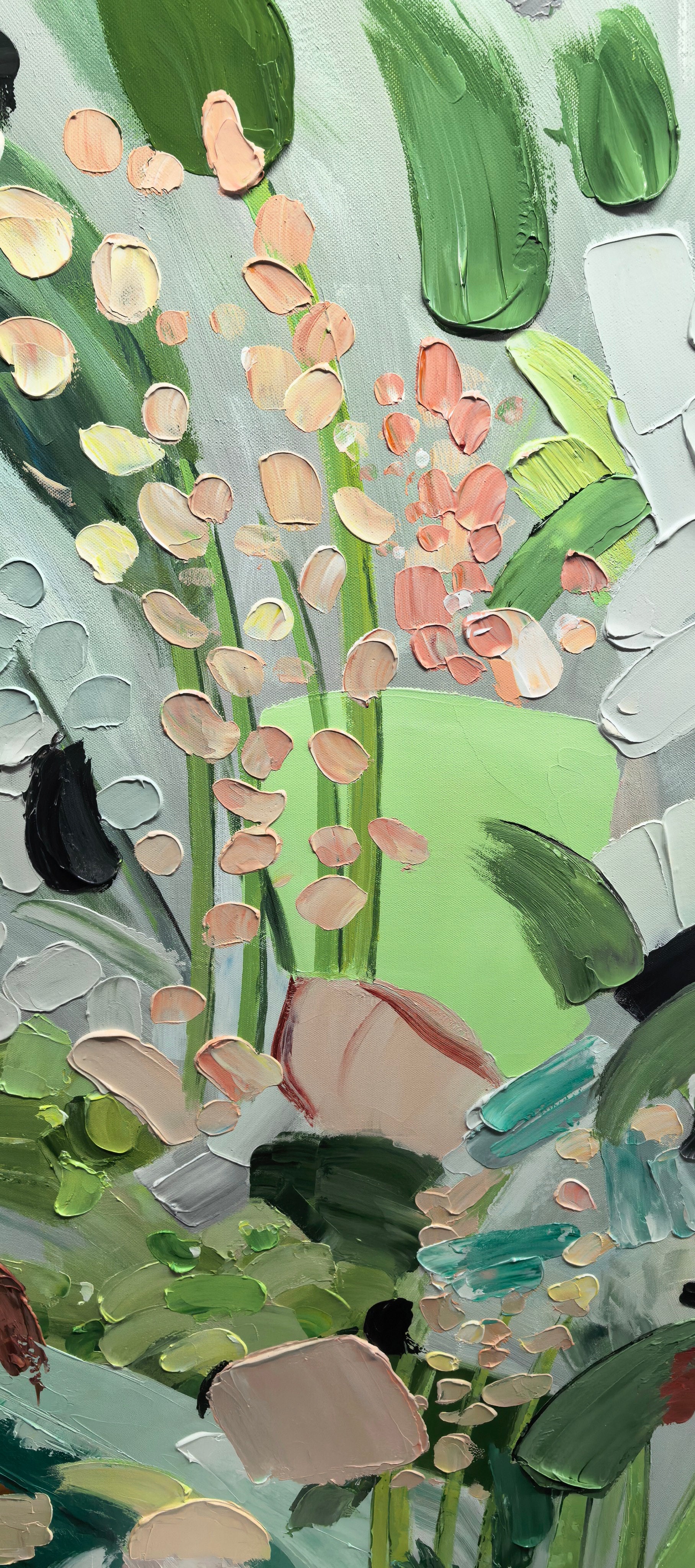 The Secret Garden – Modern Sage Green Impasto Floral Painting | Organic Living Room Vertical Canvas Art