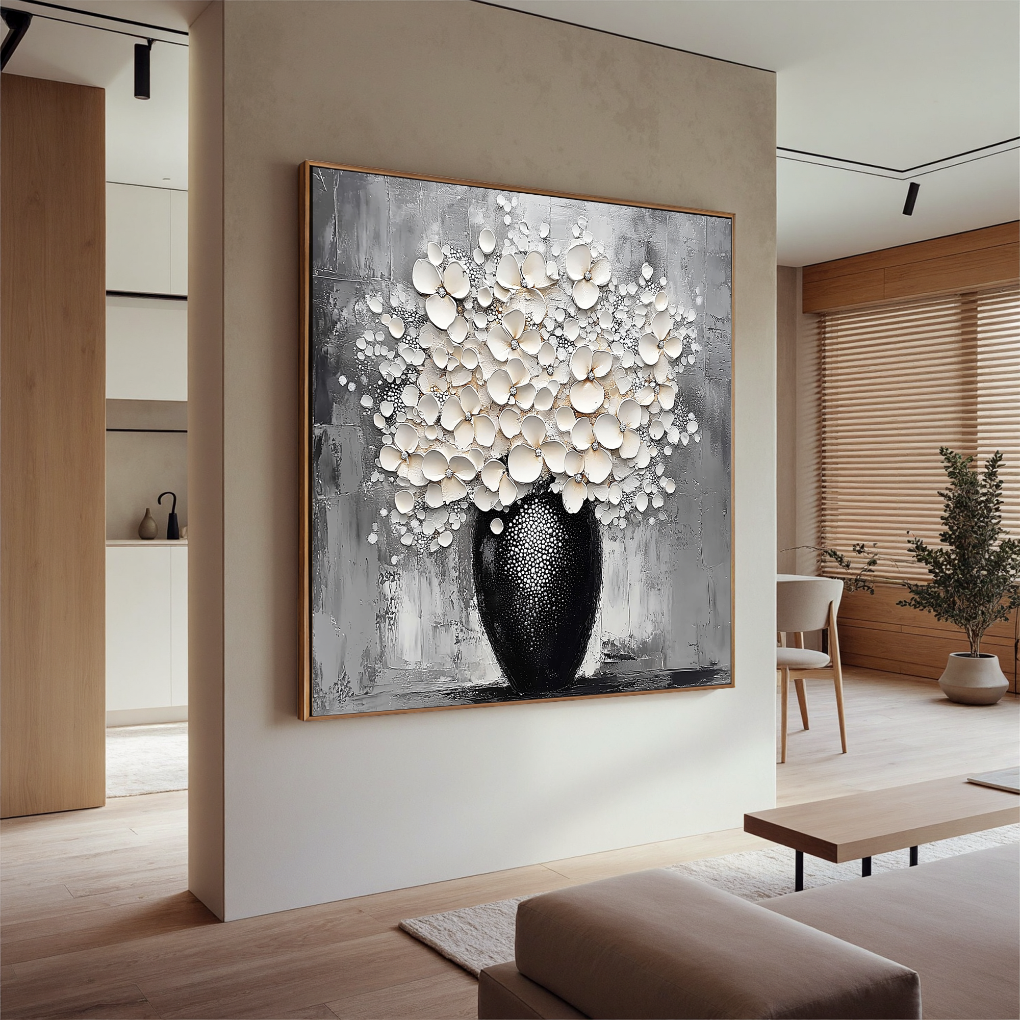 Blossoms in Relief – Modern Textured Floral Bouquet Painting | Luxury Black and White Still Life Vase Dining Room Art