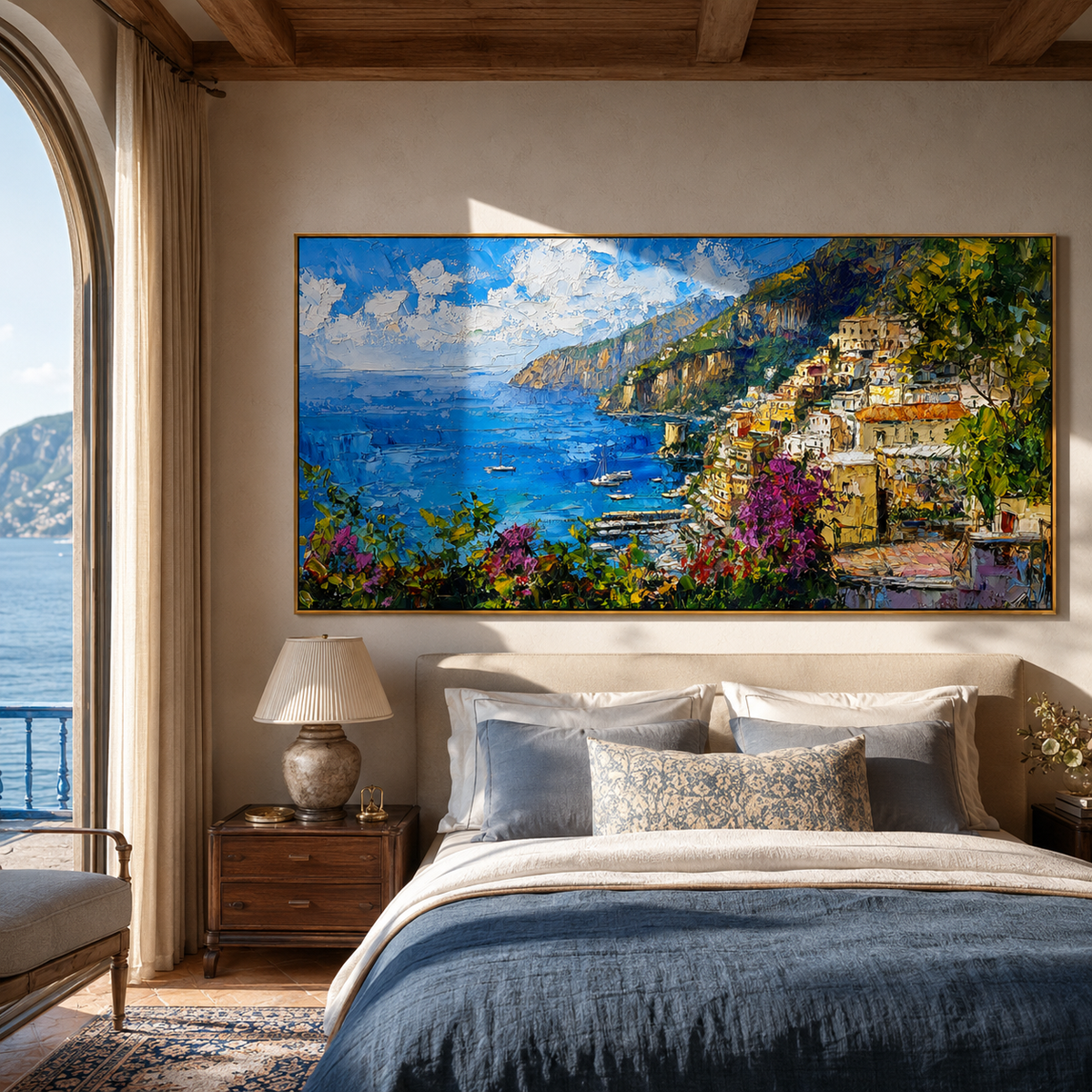 Wide cliffside village artwork hung above a media console in a living room