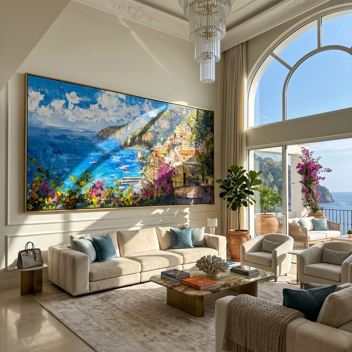 Textured coastal panorama canvas hung in a sunlit open living space