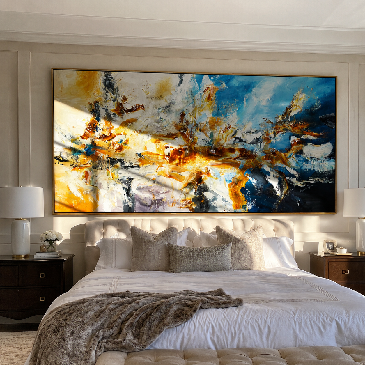 Bold amber and navy abstract canvas hung in a modern living room