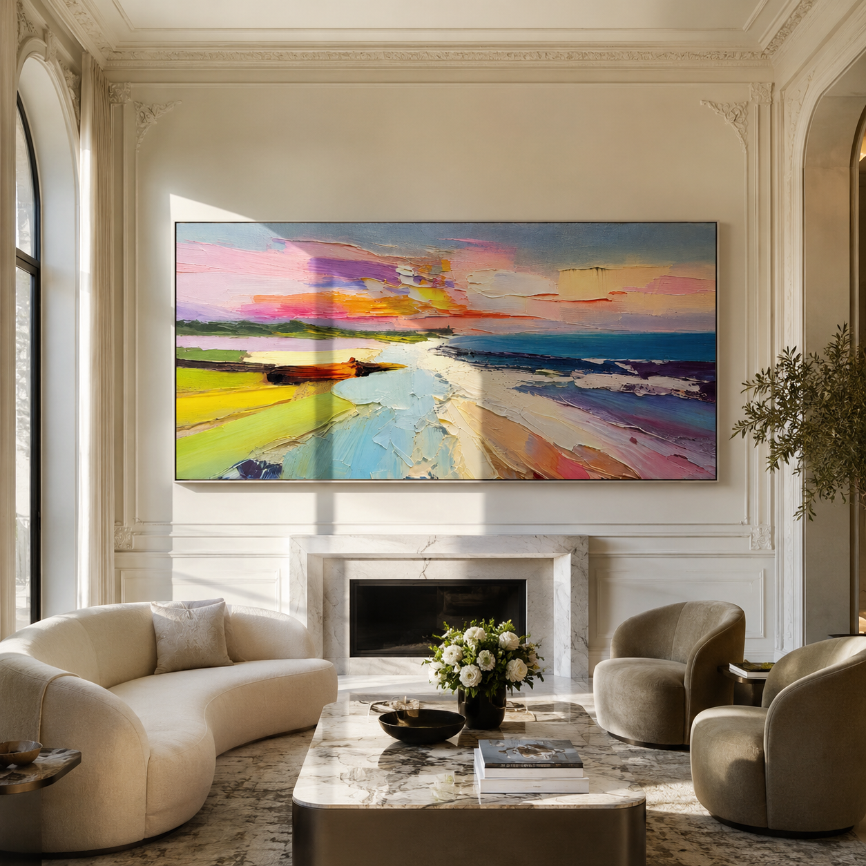 Sunset Shore Bloom – colorful coastal sunset painting, horizontal hand-painted canvas art