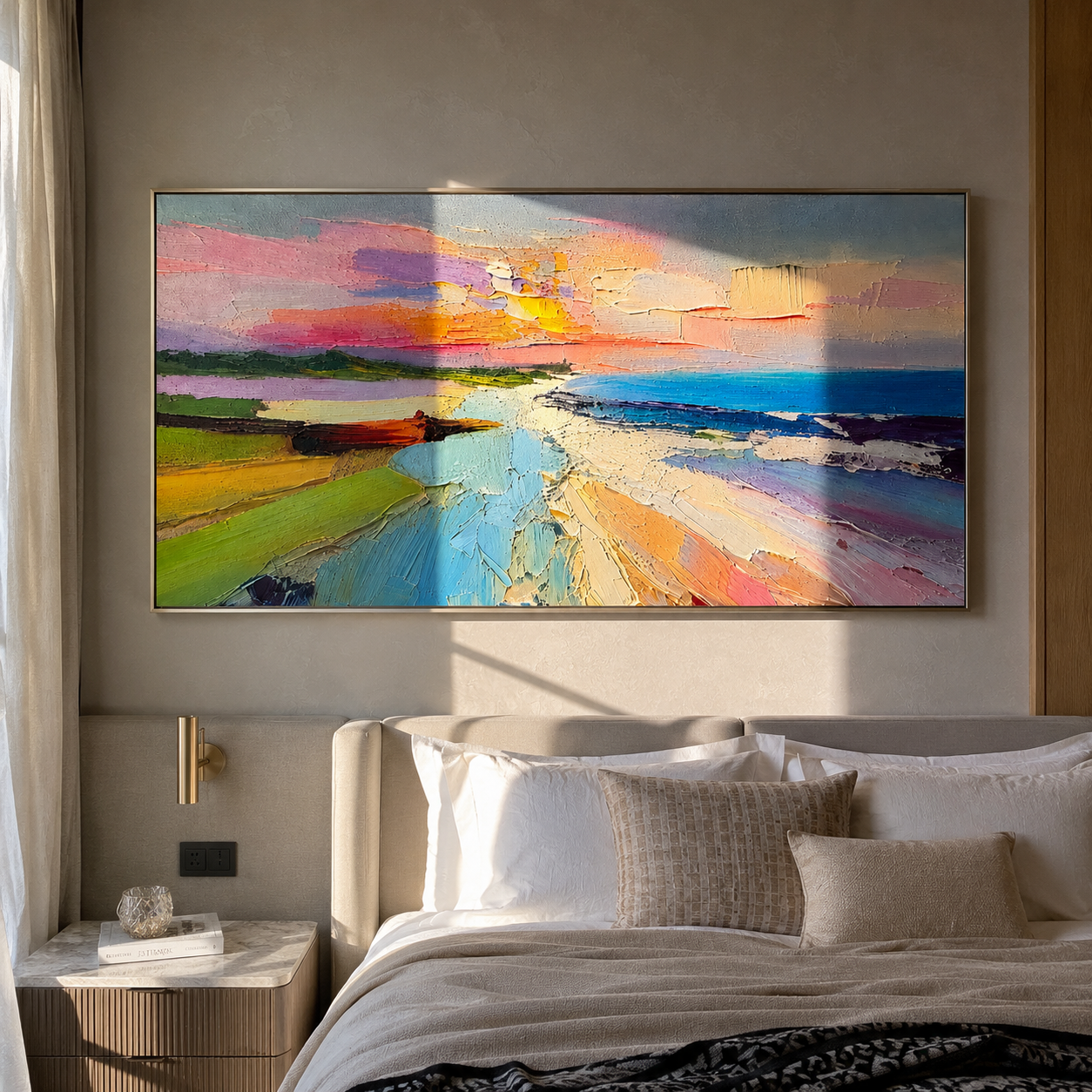 Close-up of thick palette-knife texture in a pink and gold sunset beach painting
