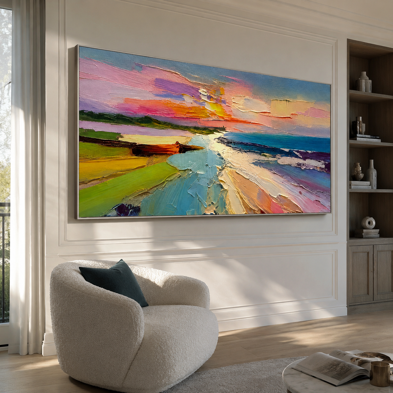 Panoramic coastal sunset painting shown in a sunlit dining room