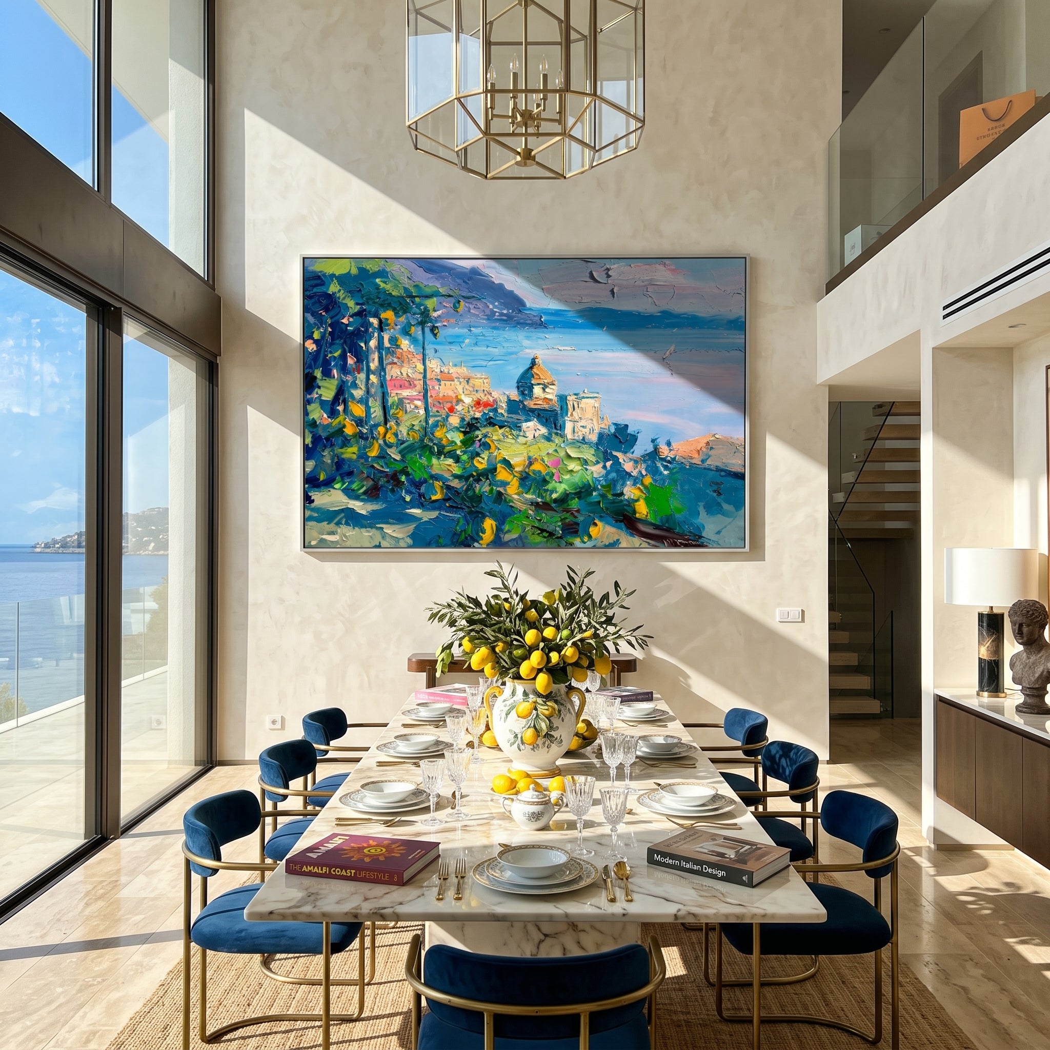 Lemon Grove Coastline – blue and gold coastal village painting, horizontal hand-painted canvas art