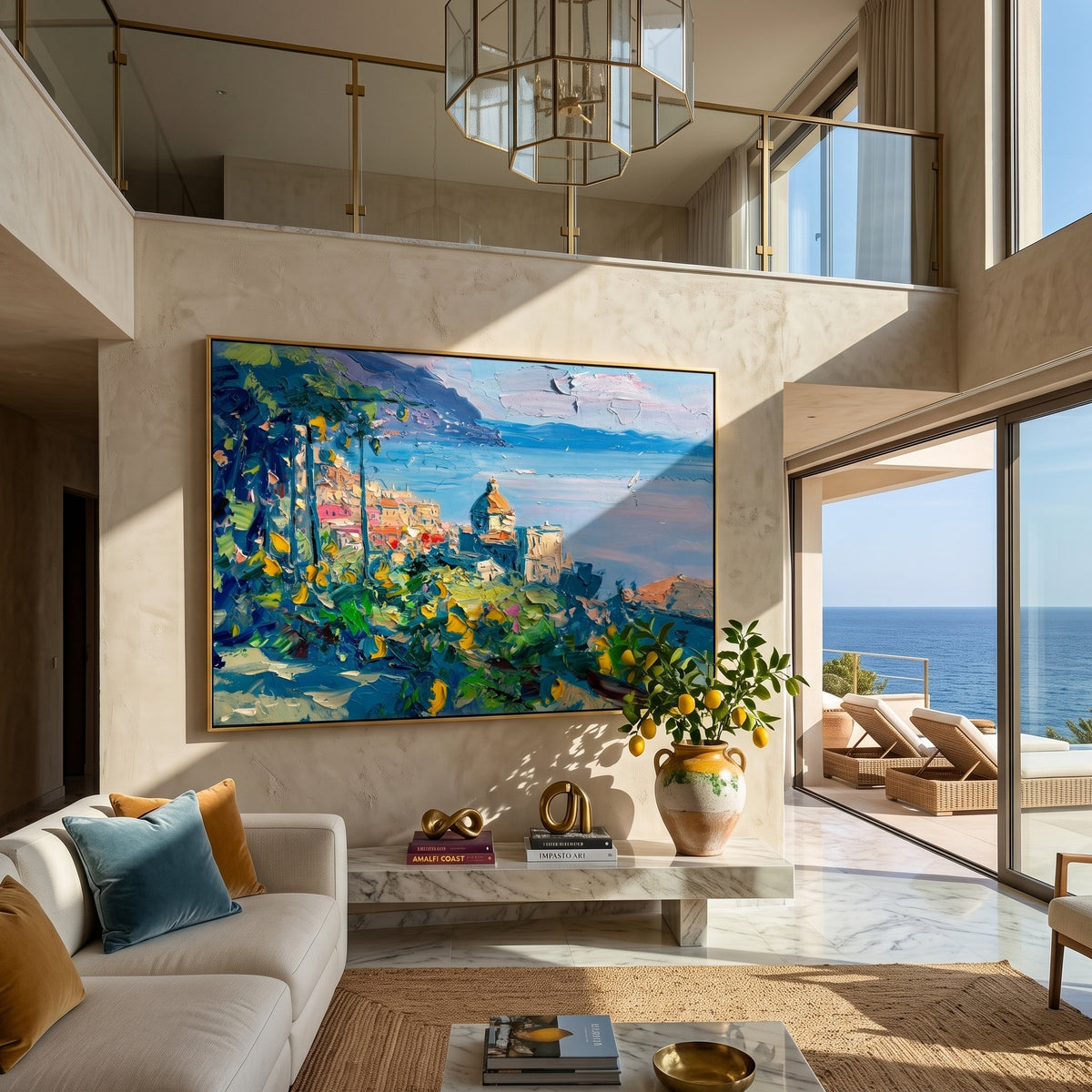 Framed Mediterranean coastal painting above a living room fireplace with cream sofa