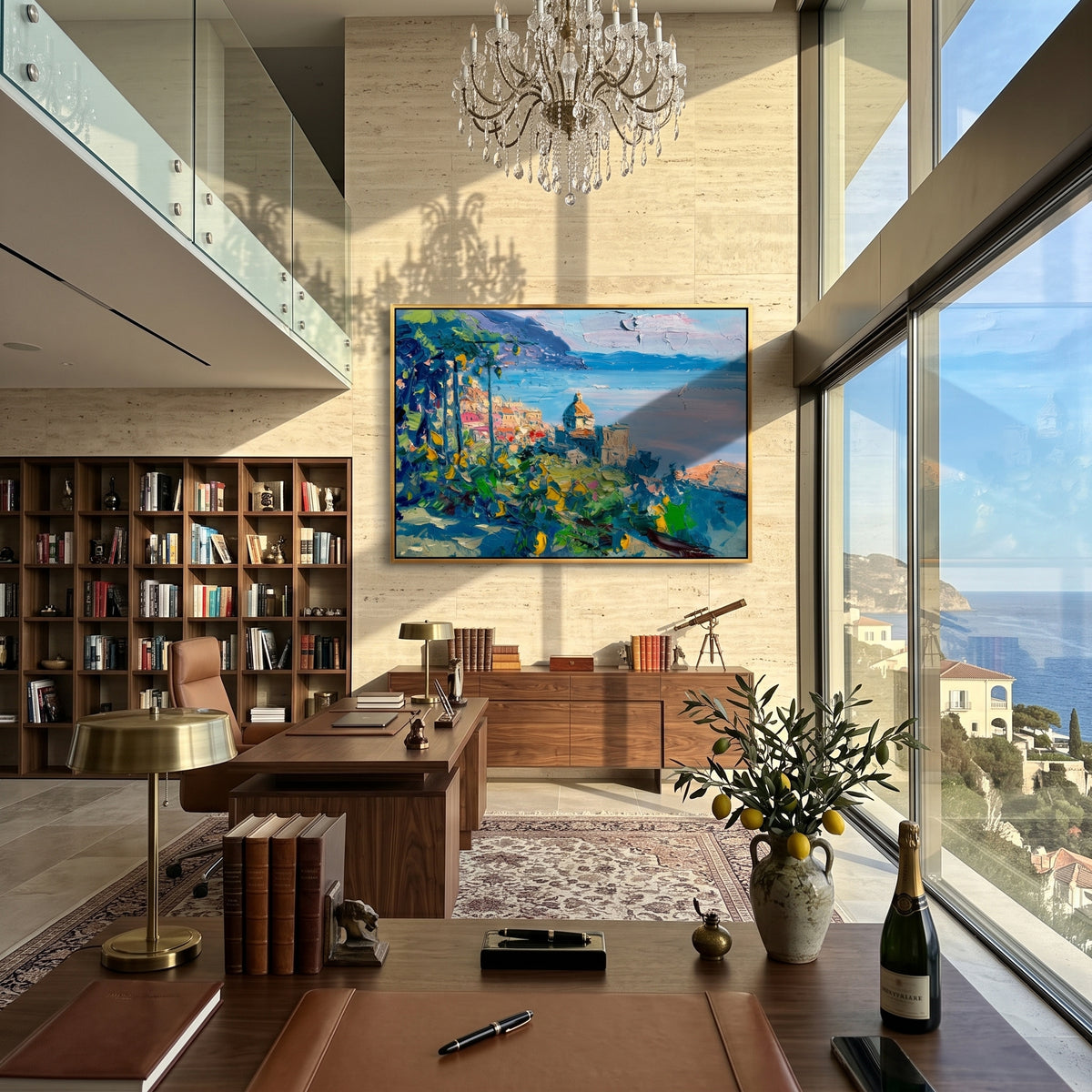 Coastal landscape canvas hung in a bright open-plan living room with sea view windows