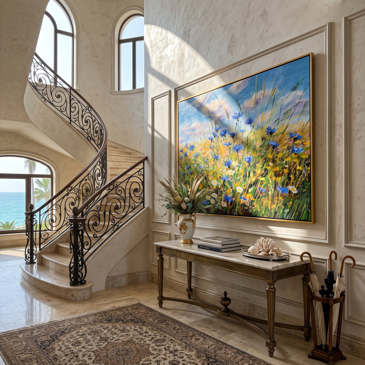 Wildflower meadow painting displayed above a bedroom headboard with linen bedding