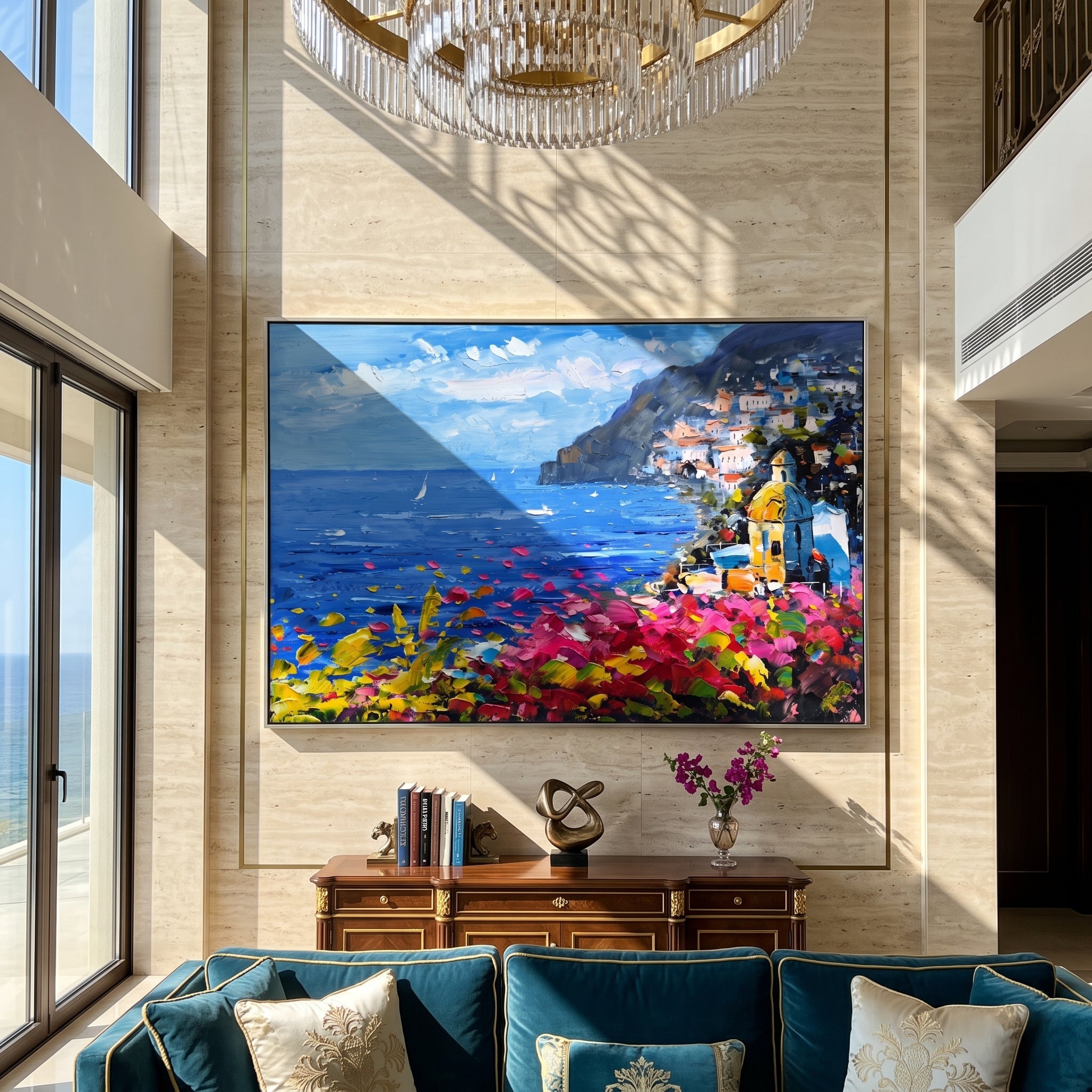 Bougainvillea Cliffside Bay – pink and blue coastal village painting, horizontal hand-painted canvas art