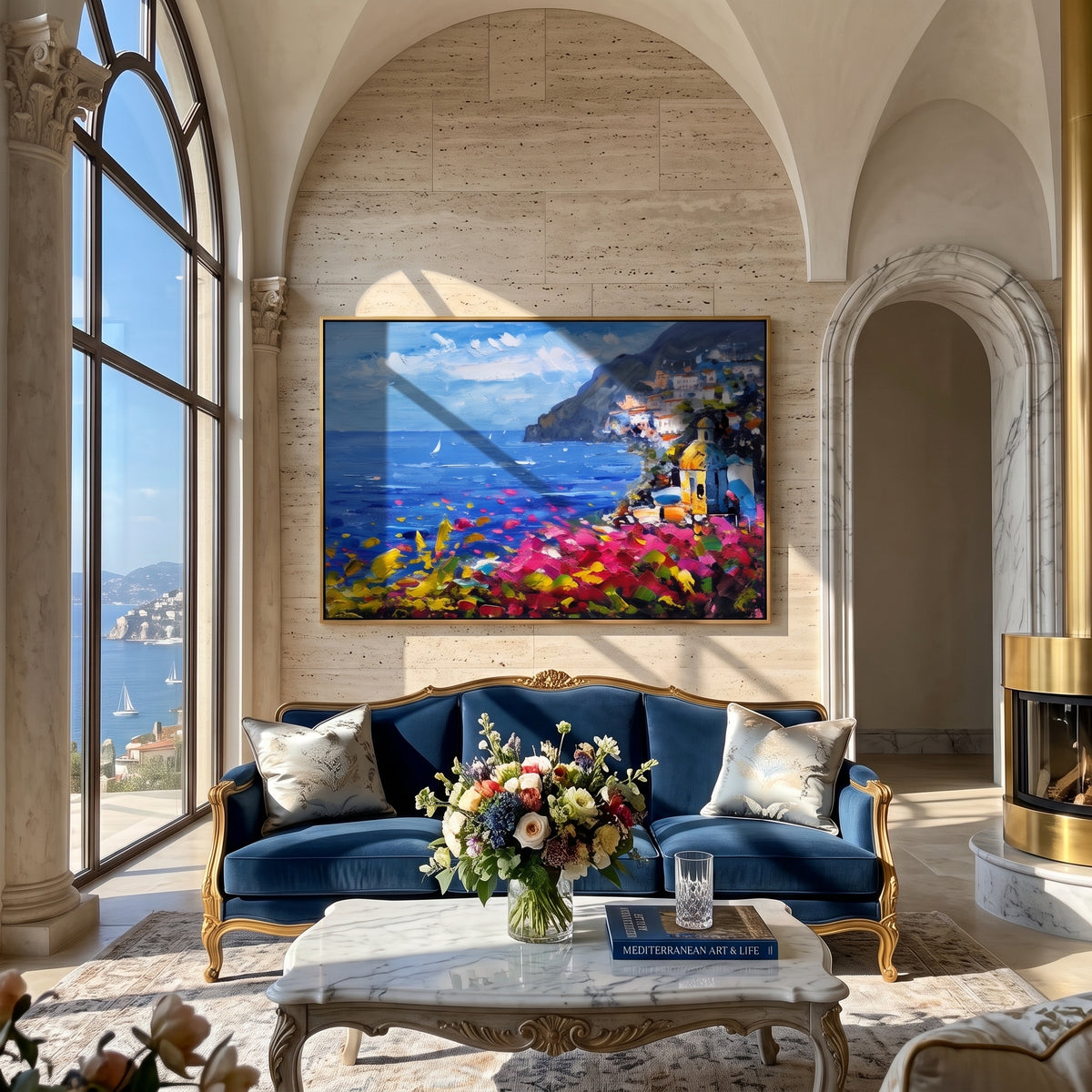 Coastal village painting with pink bougainvillea displayed above a dining table