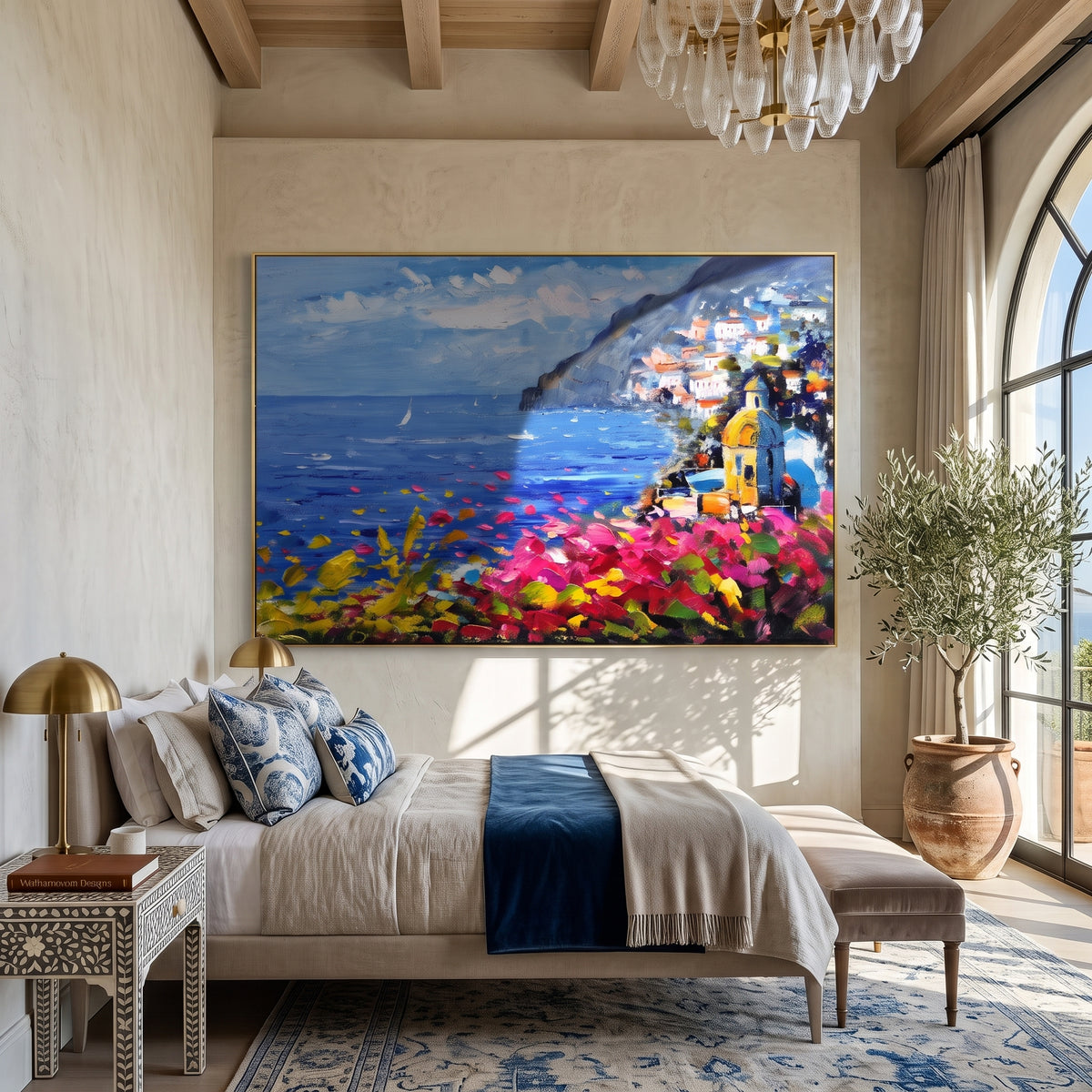 Textured pink and blue coastal artwork hung above a console table in an entryway